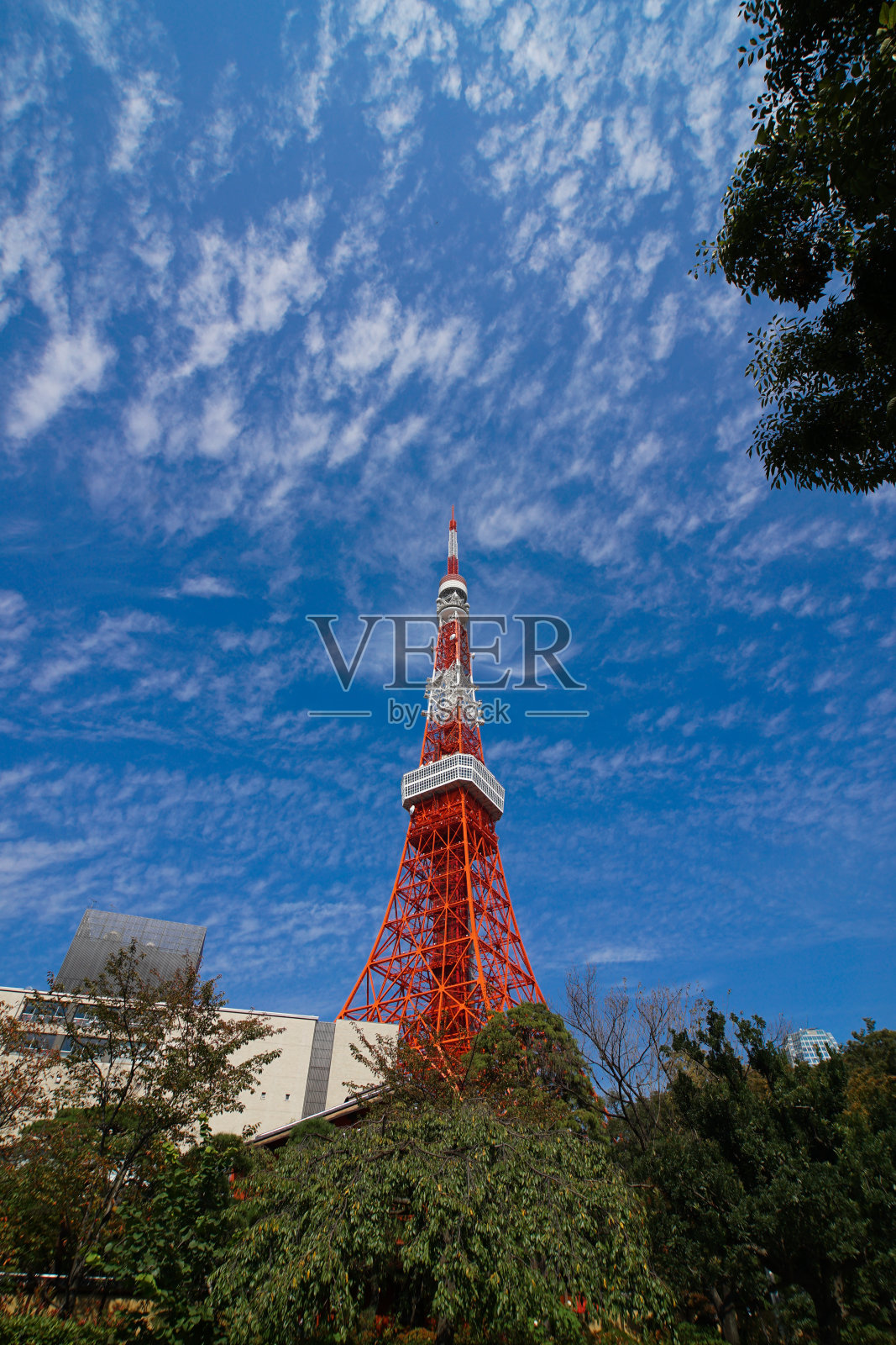 东京塔和蓝天景观。照片摄影图片