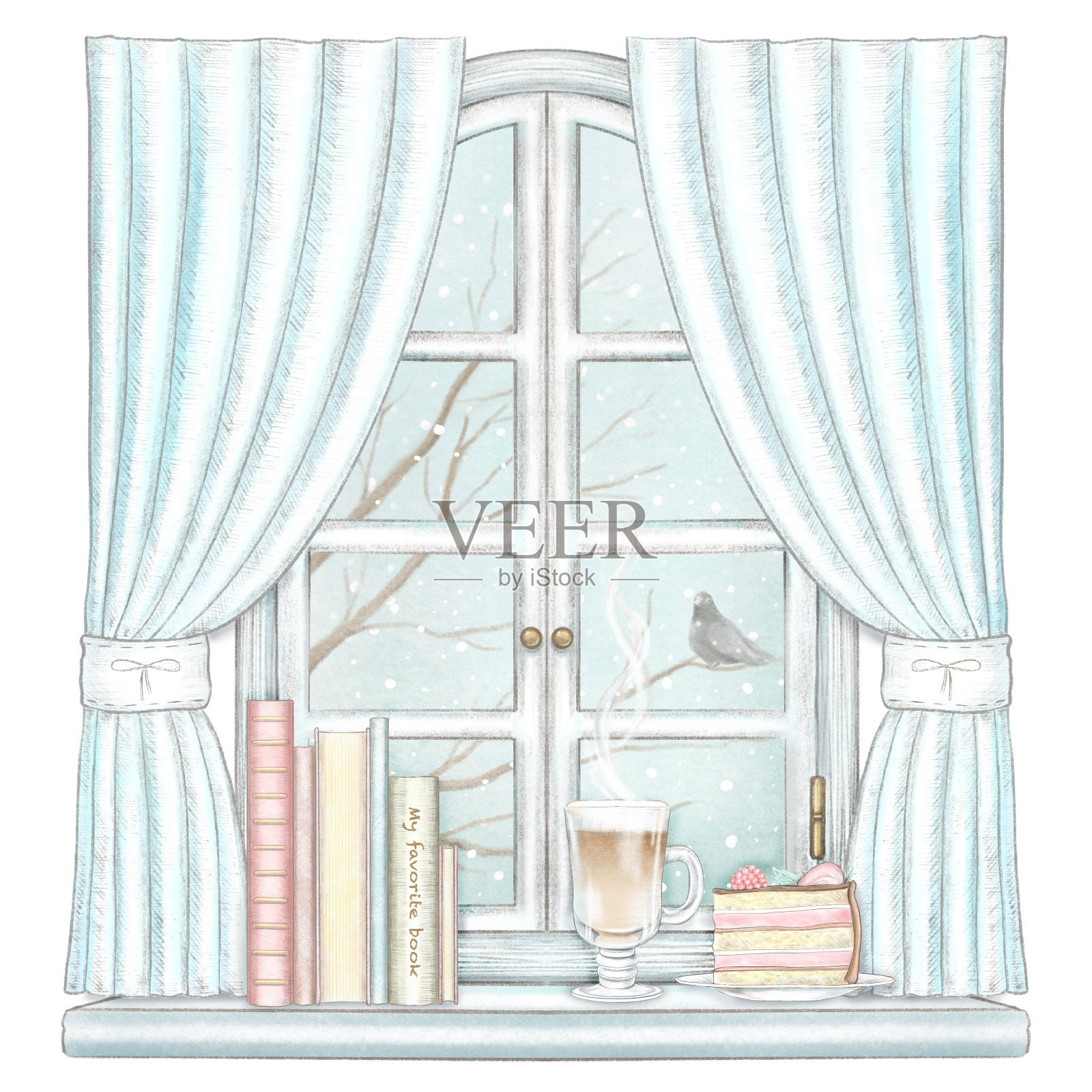 水彩和铅笔画构成咖啡，蛋糕和书籍的窗户与蓝色的窗帘和冬季景观插画图片素材