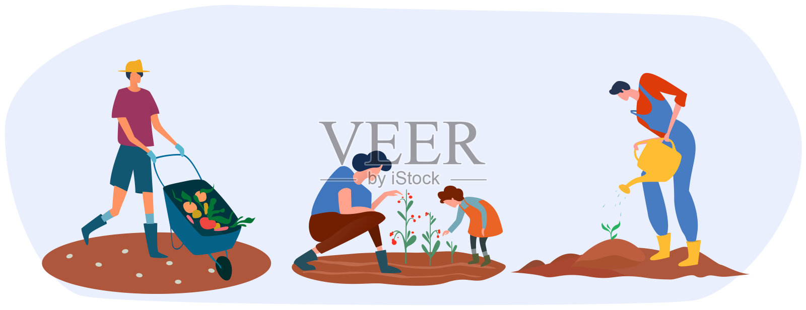 一组农民或农业工人正在农场上工作。在花园里工作。设计元素图片