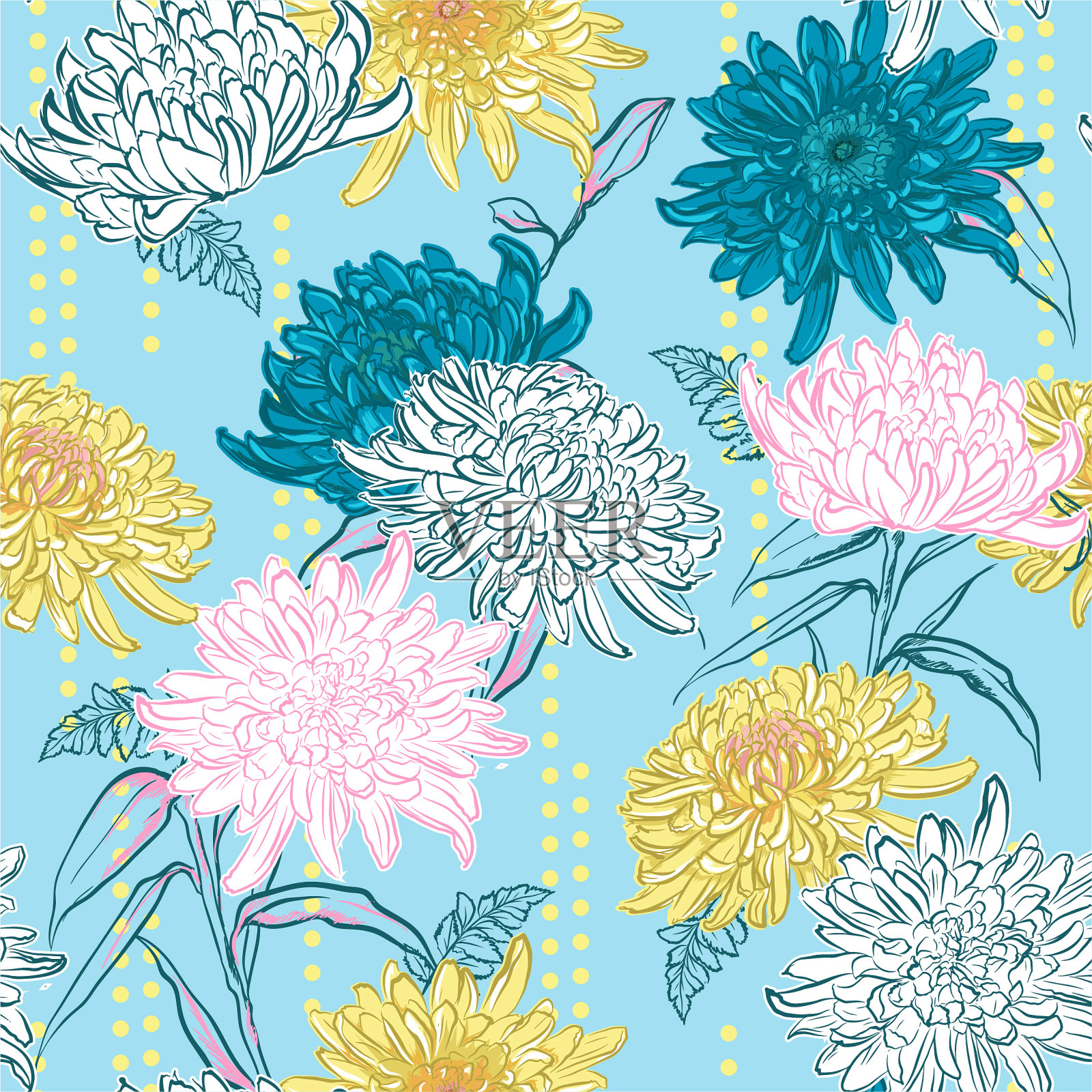 五颜六色的盛开的菊花层与条纹波尔卡圆点无缝图案矢量设计的时尚，织物，网，壁纸和所有印花插画图片素材