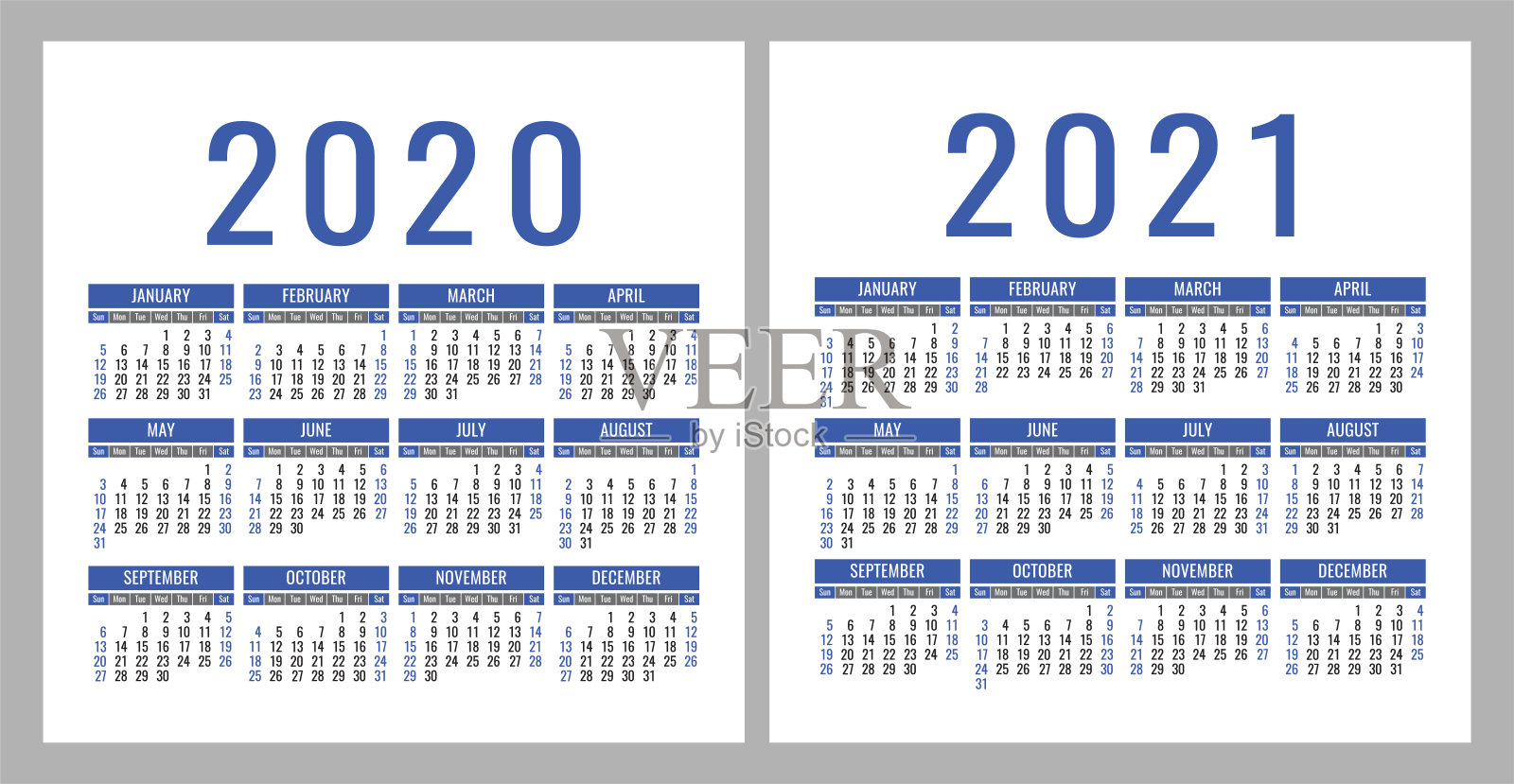 2020年日历,2021年。方形矢量压延机设计模板。英语丰富多彩。一周从周日开始。新的一年设计模板素材