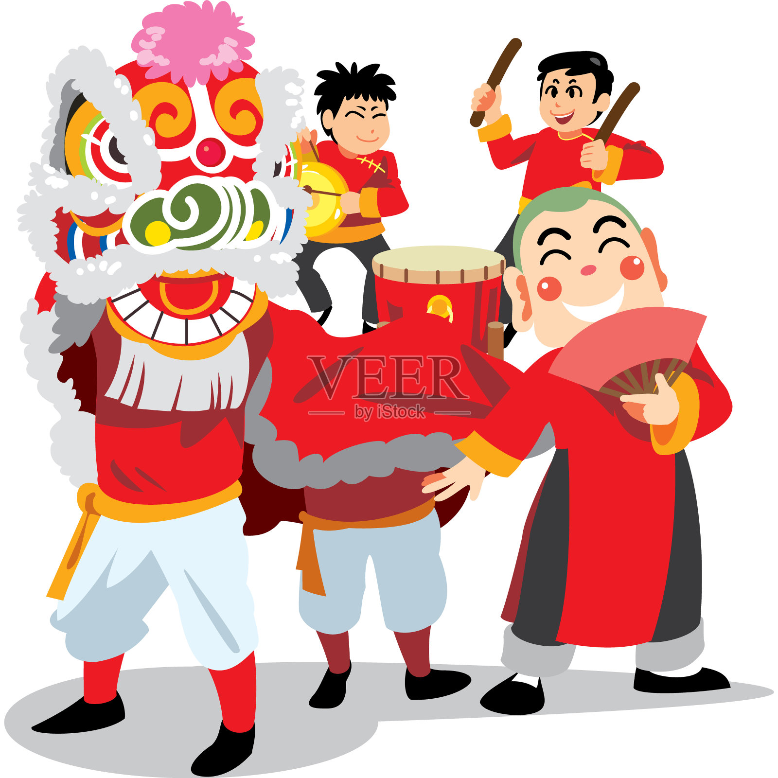 春节舞狮以白色为背景，以中国传统服饰为乐带，卡通风格矢量插画插画图片素材