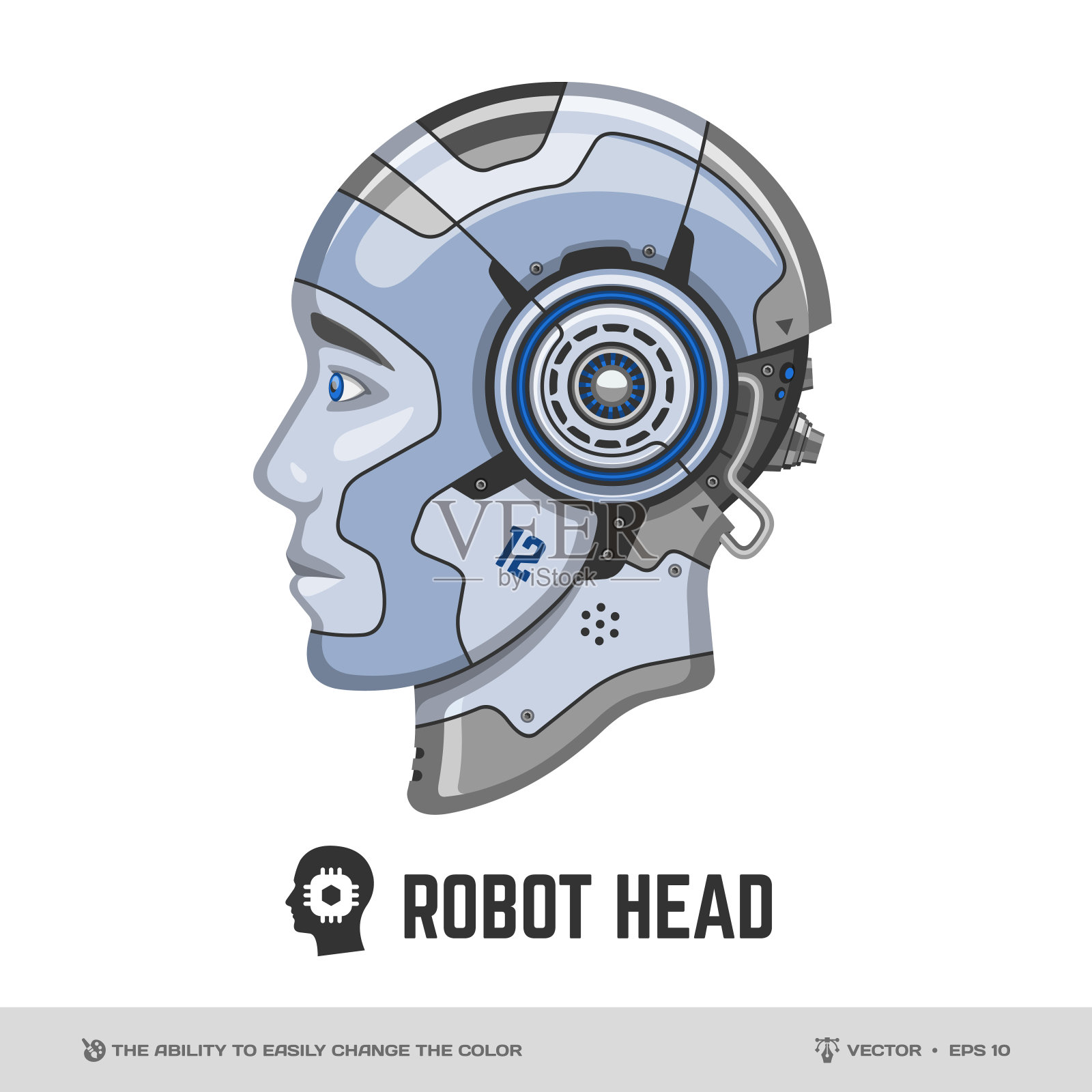 机器人头部平面插图人工智能与智能机器人面部轮廓模型(能够轻松改变颜色)和AI半机械人字形图标。插画图片素材