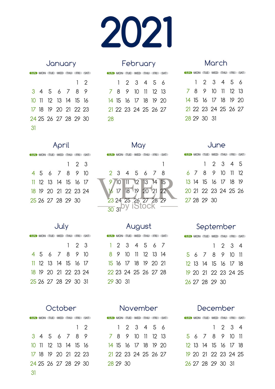 矢量2021新年日历规划模板在最小表简单风格蓝色和绿色，假日事件附录，周开始周日。12个月布局年度日历。日记的时间表。设计模板素材