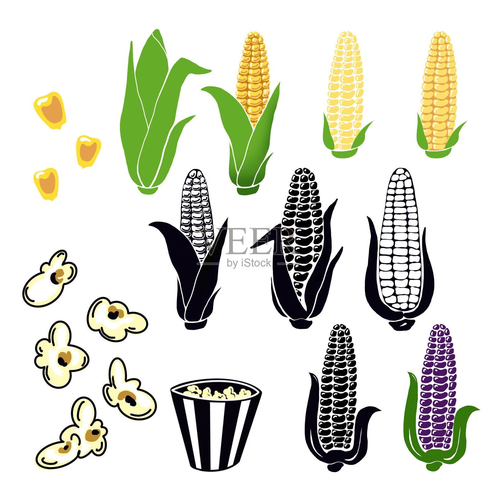手绘黄色的玉米芯与绿色的叶子，谷物，爆米花，黑白色的玉米芯，条纹盒包装在白色的背景。插画图片素材