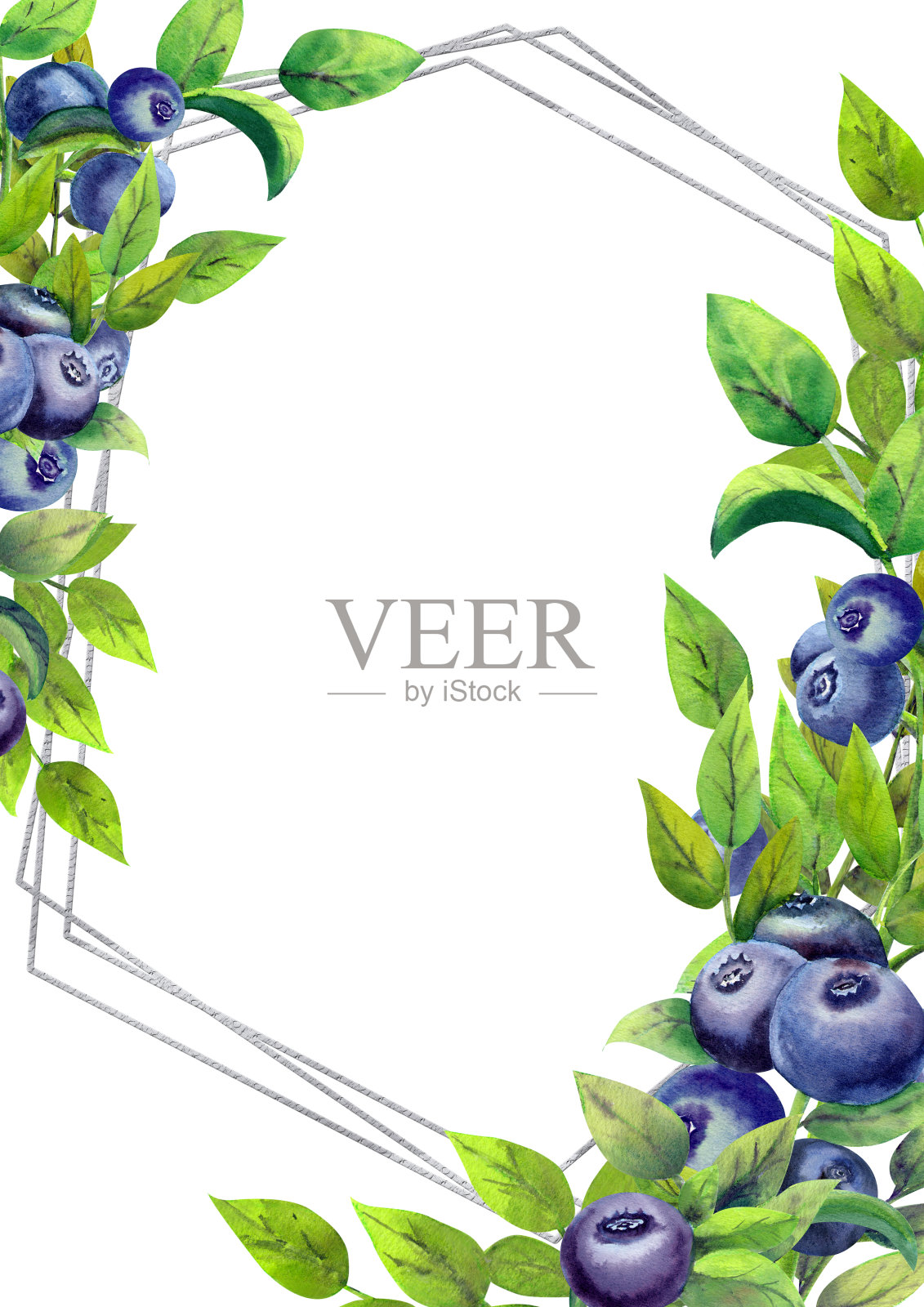 框架与成熟的蓝莓在白色孤立的背景。垂直方向。水彩插图。插画图片素材