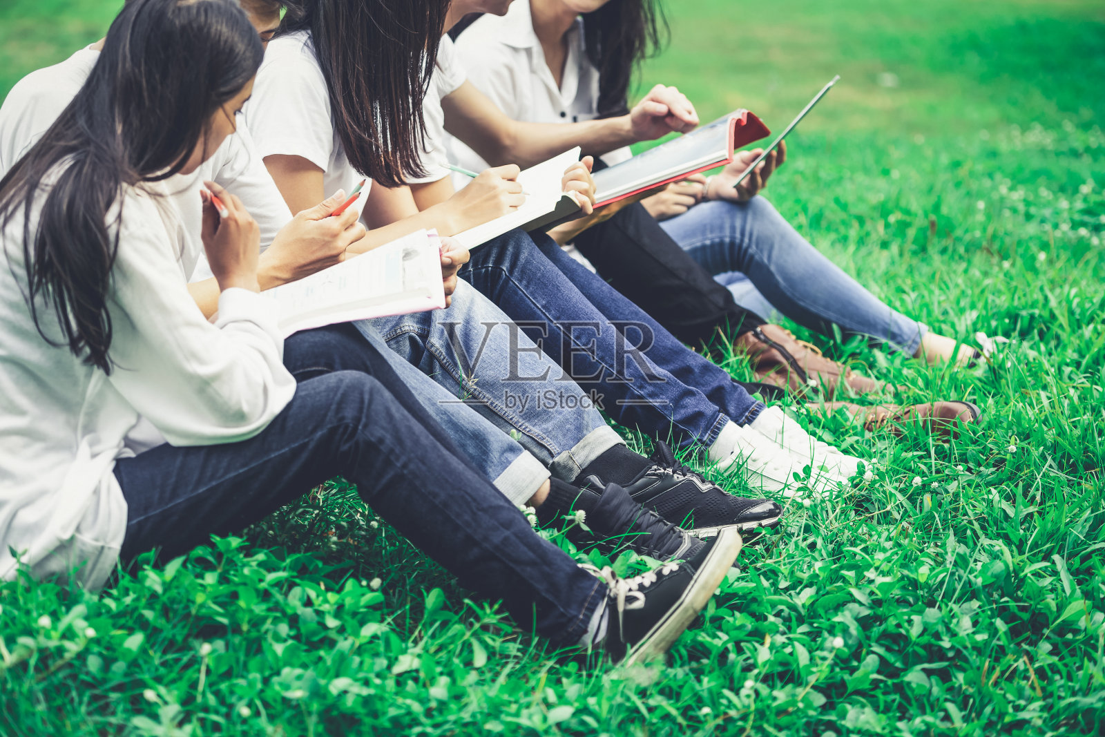 在大学或学校的公园里，年轻的学生在一个小组项目中学习。快乐学习，社区合作，青年友谊理念。照片摄影图片