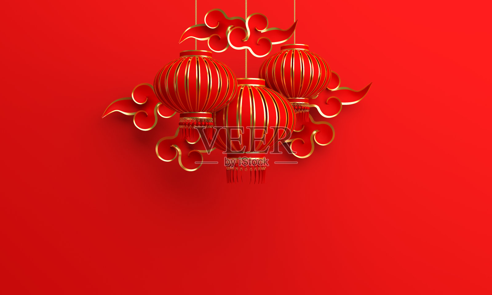 红色和金色的传统中国灯笼灯盏和剪纸云。设计创意中国节日庆典喜庆发菜。照片摄影图片