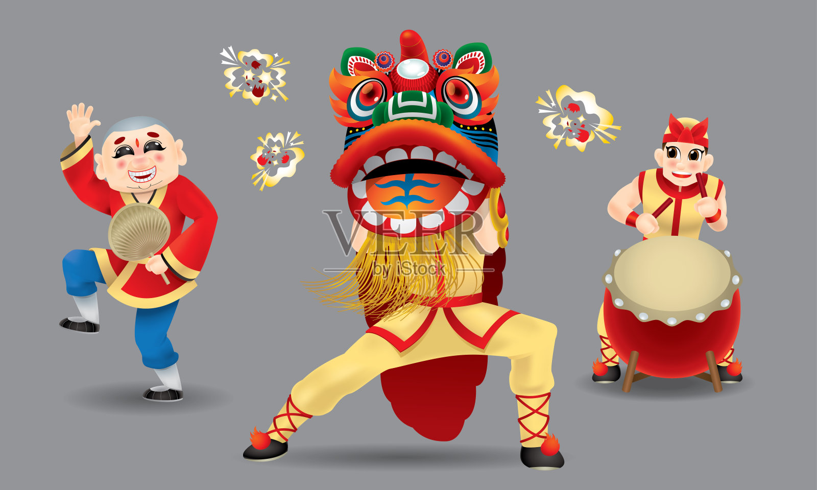 快乐的男子表演传统的中国舞狮。设计模板素材