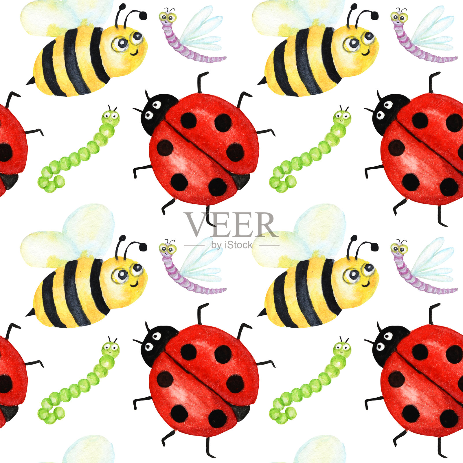 无缝图案水彩绘制有趣鲜艳的卡通昆虫收集。黄蜂，蜜蜂，大黄蜂，蠕虫，毛毛虫，瓢虫，蜻蜓在背景上插画图片素材