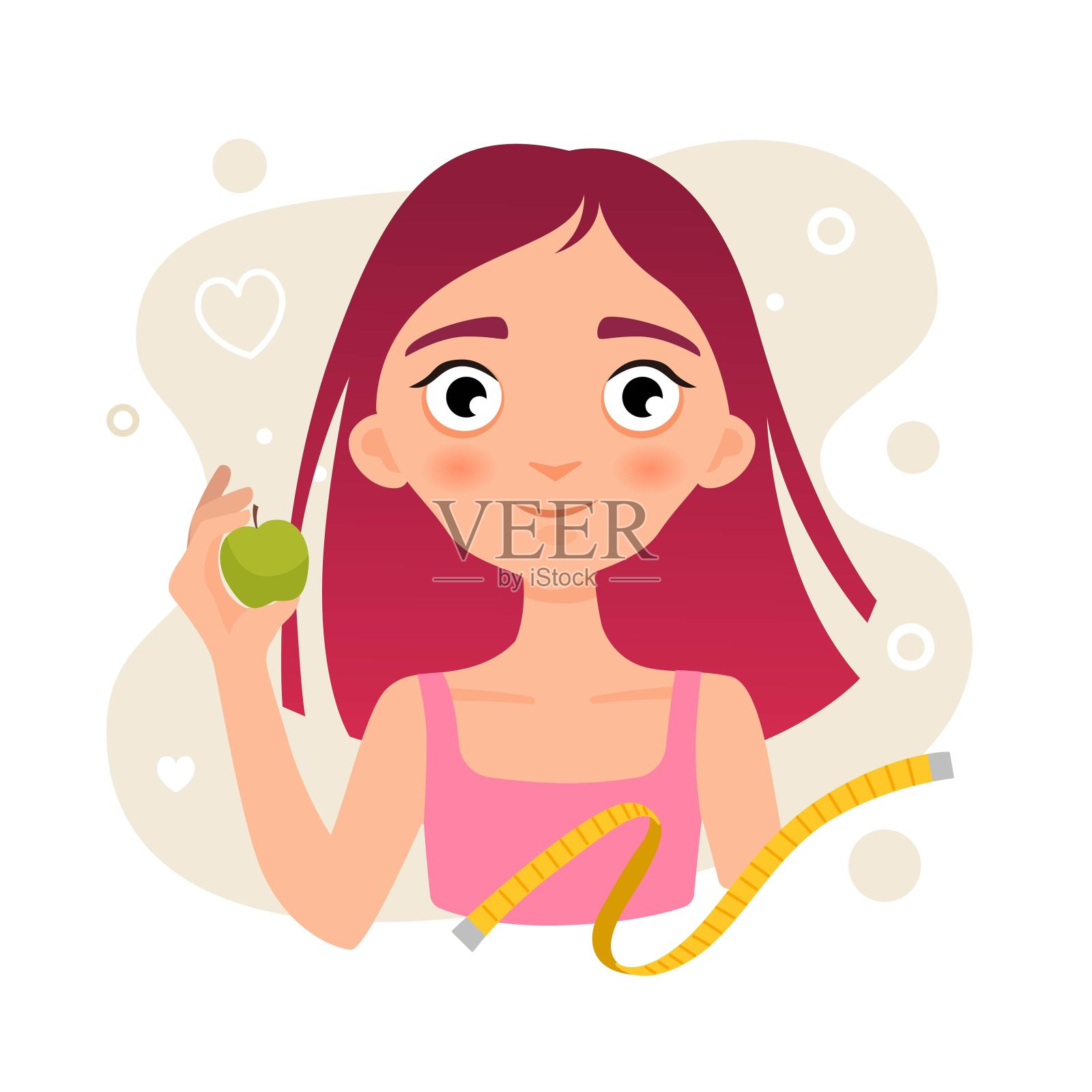 矢量插图的一个可爱的苗条女孩与一个苹果。插画图片素材