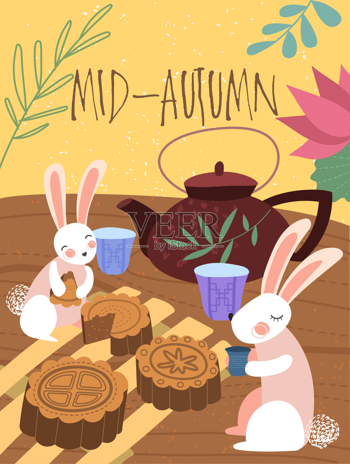 可爱的中秋海报设计，兔子茶话会，两只粉红色的小兔子坐在一个大茶壶前吃饼干和茶插画图片素材