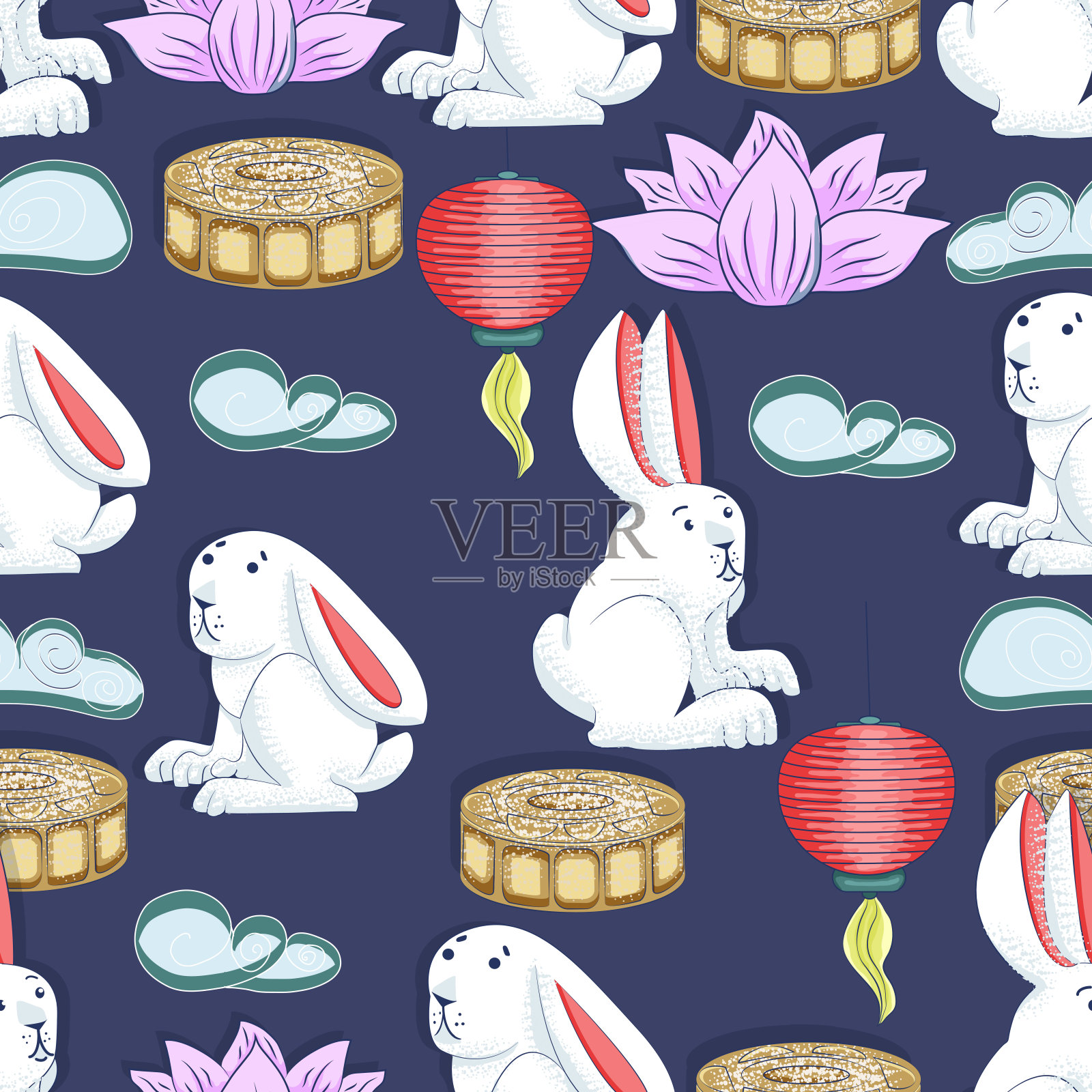 中秋节的背景有兔子、月饼、荷花、云彩和中国灯笼。向量无缝模式。插画图片素材