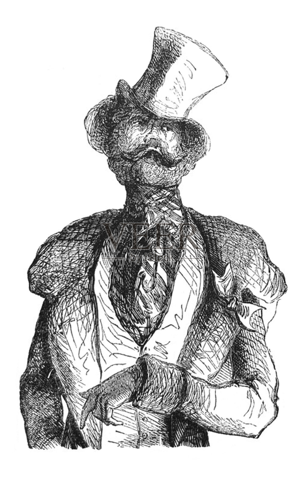 英国讽刺漫画漫画插图-男人蓬松的胡子穿着大衣和大礼帽插画图片素材