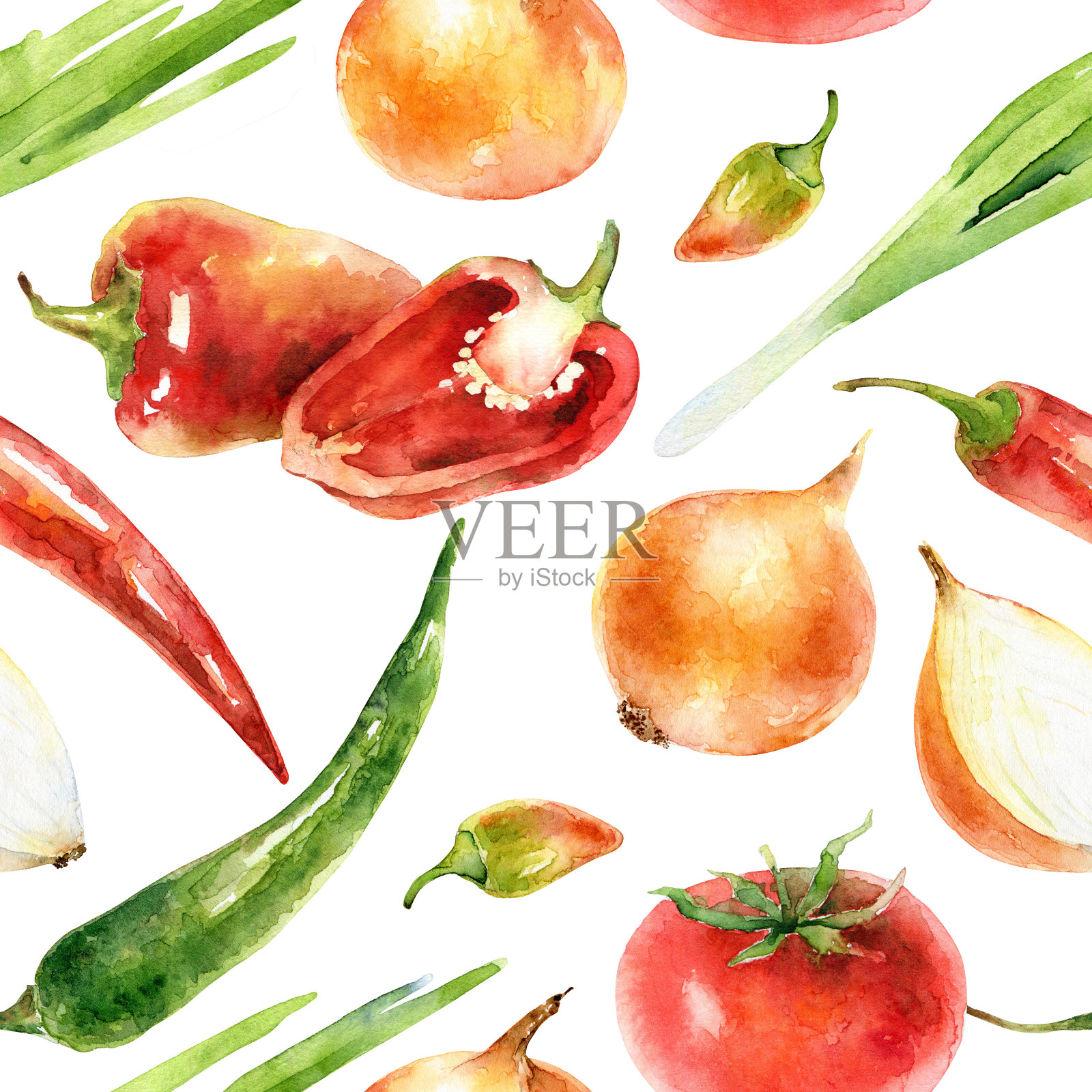 水彩无缝图案与五彩蔬菜插画图片素材