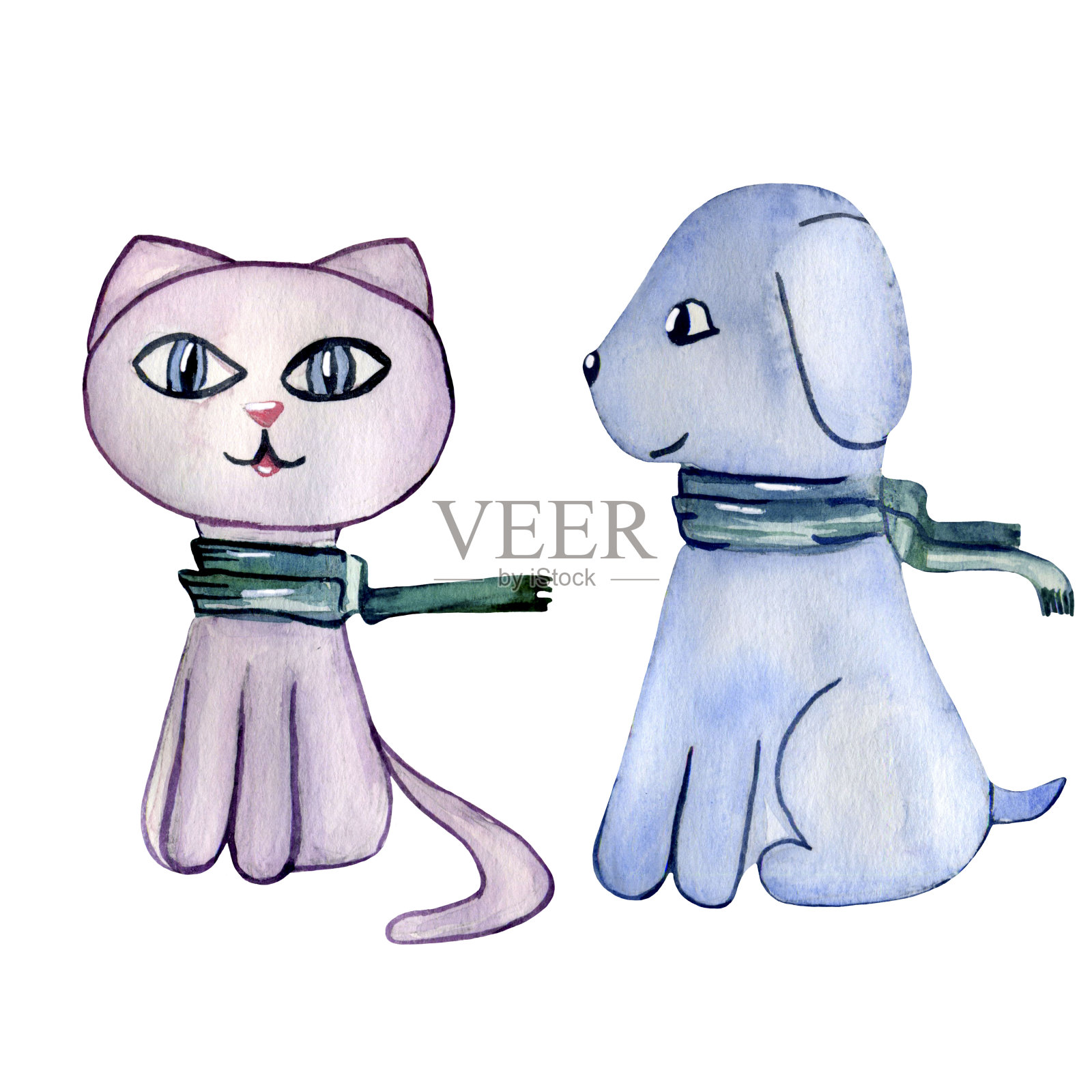 水彩画粉色的猫和蓝色的狗。插画图片素材