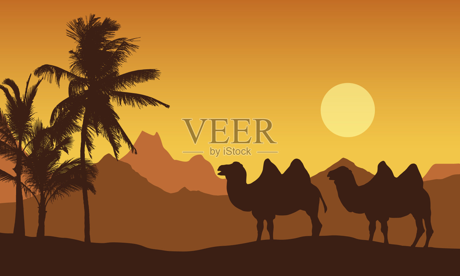 沙漠山地景观的现实插图。两只骆驼在绿洲附近的棕榈树下，在橙色的早晨天空与升起的太阳向量插画图片素材