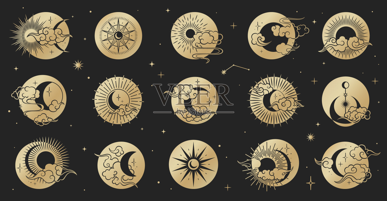 亚洲圆图案设置云，月亮，太阳，星星。向量集合东方中国，日本，韩国风格。线手绘插图孤立在黑色背景。复古的元素集。插画图片素材