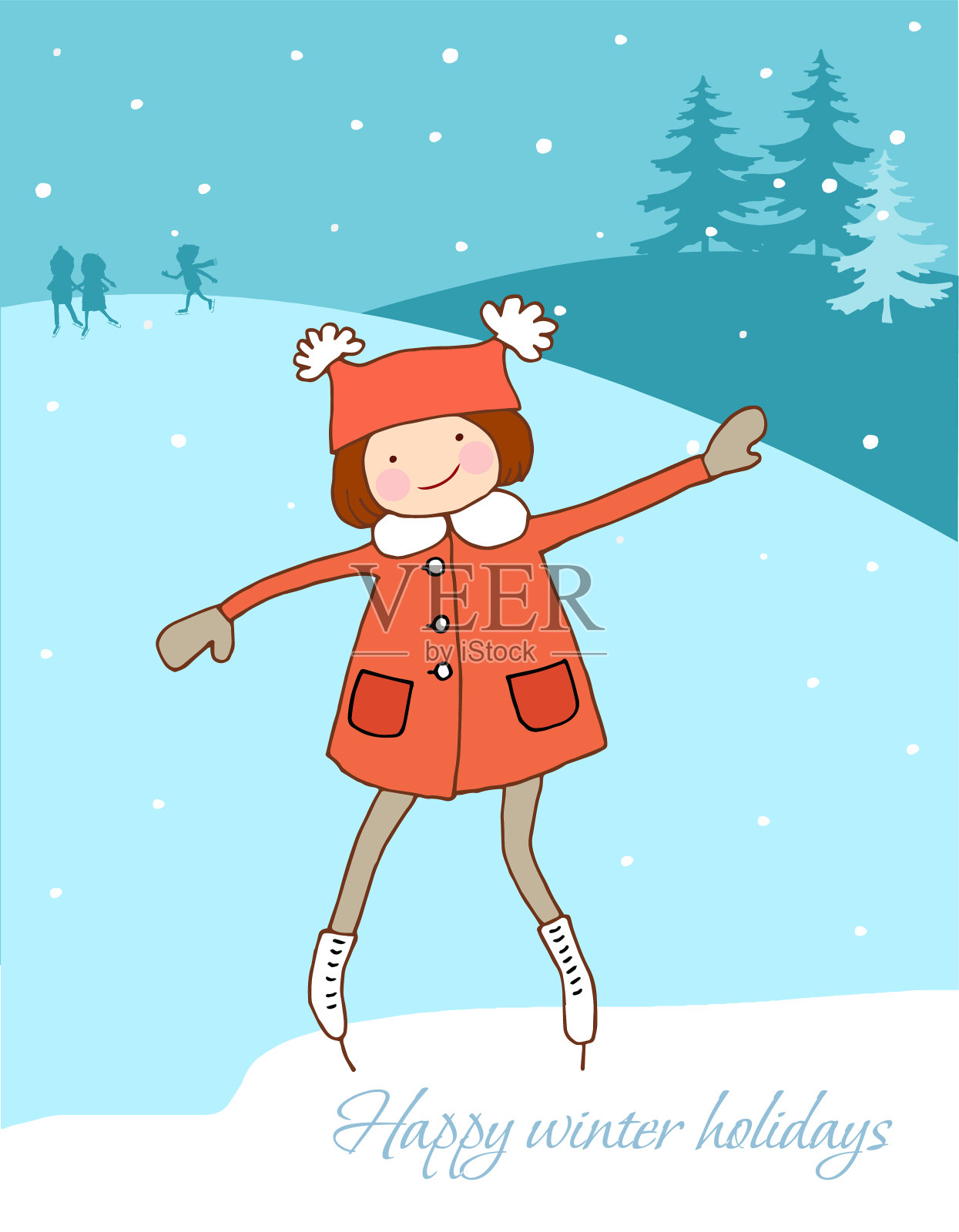 冬天。女孩学习滑冰。寒假。插画图片素材