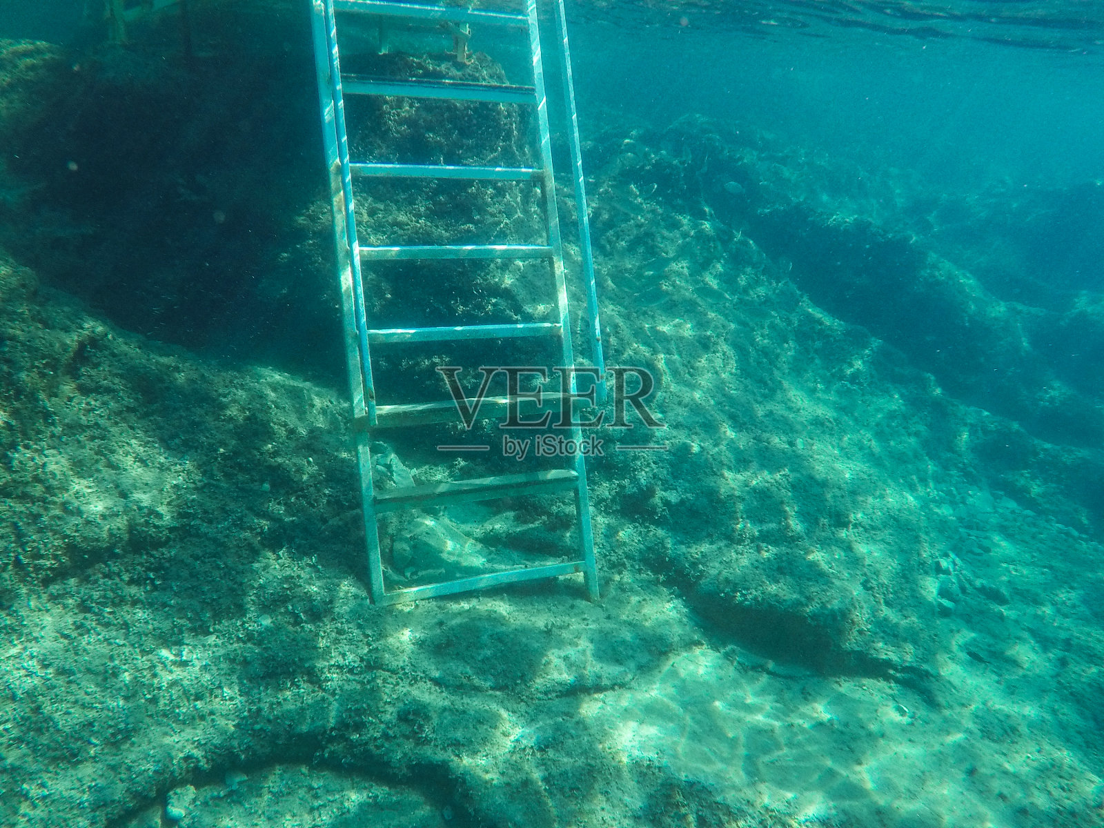 水下的梯子立在海床上照片摄影图片
