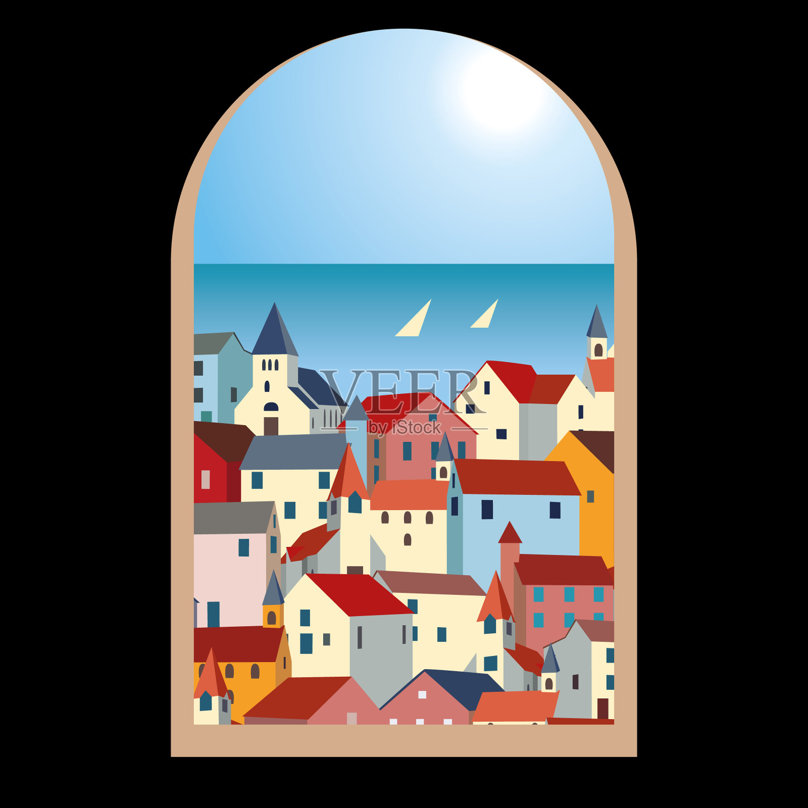 透过一扇旧窗户，可以看到大海、五颜六色的房子和游艇插画图片素材