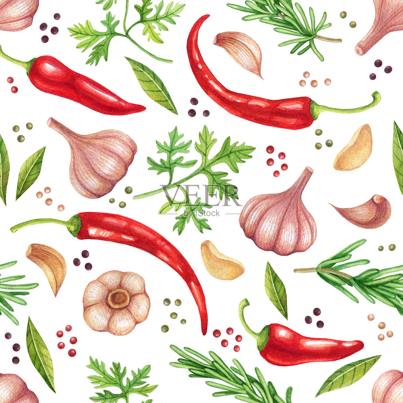 水彩蔬菜无缝模式与大蒜，辣椒和香草插画图片素材