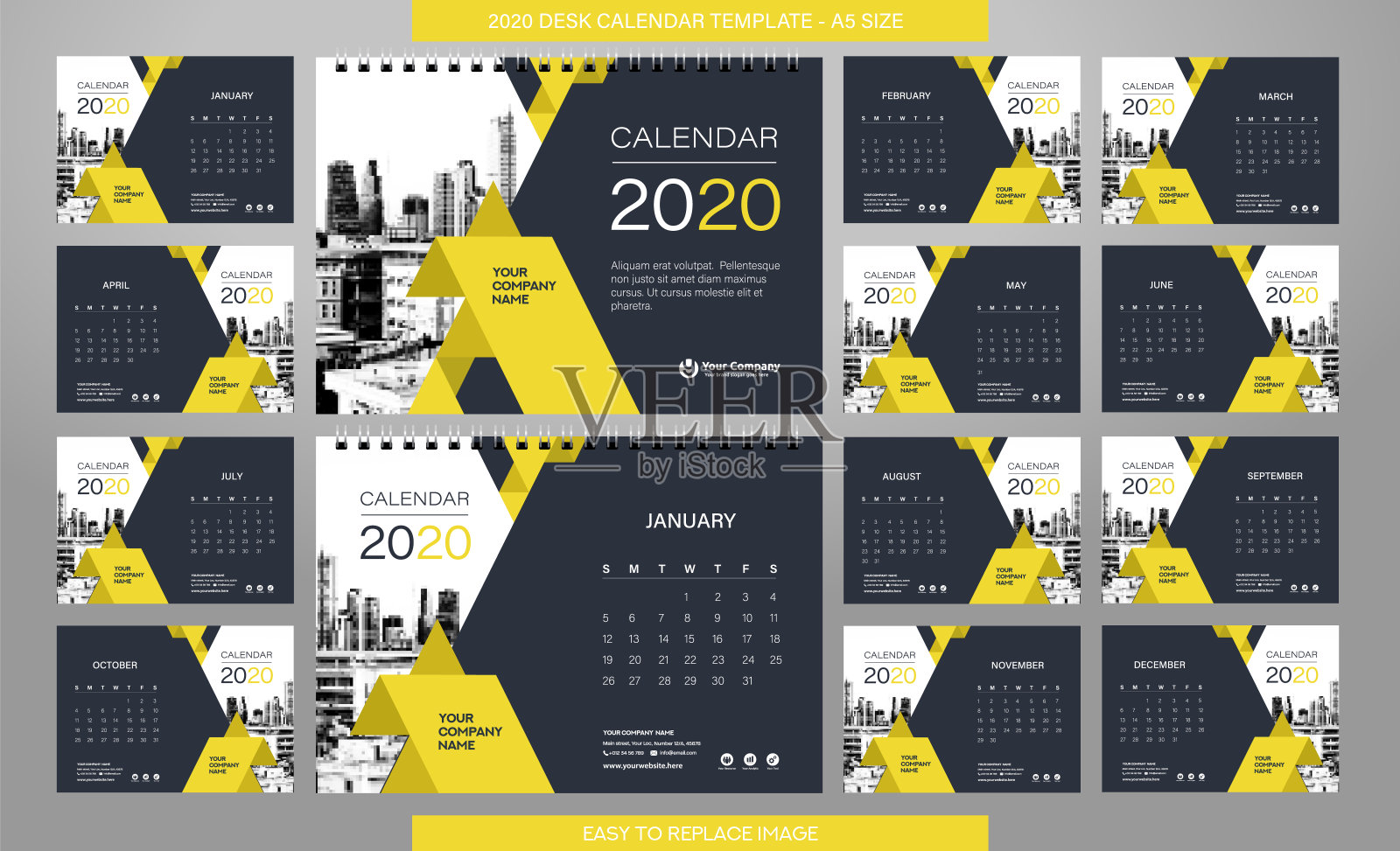 桌面日历2020模板- 12个月包括- A5大小设计模板素材