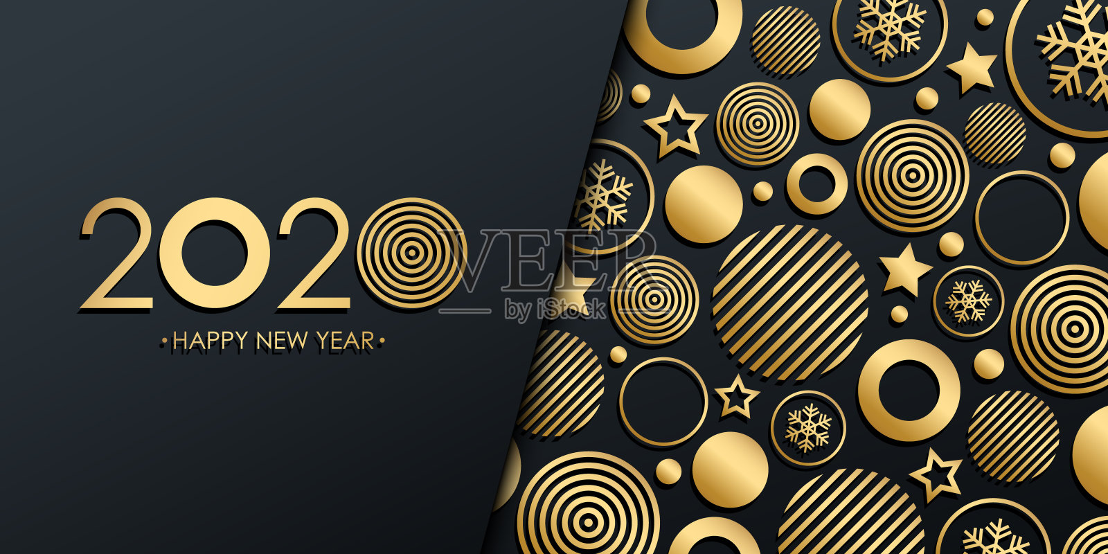 2020年新年豪华假日横幅，上面有金色的圣诞球、星星和雪花。插画图片素材