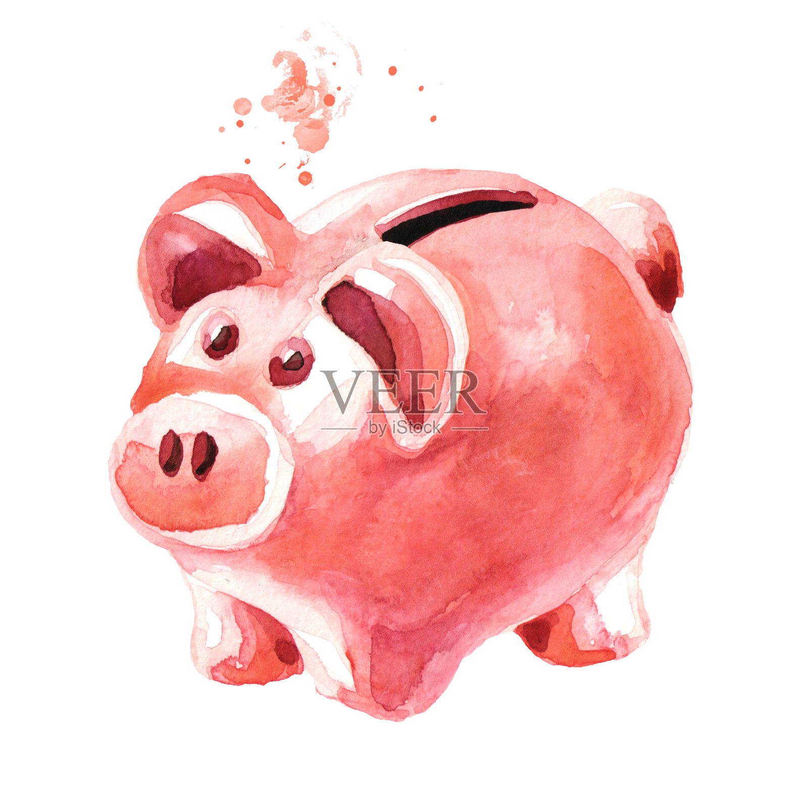 粉色可爱的小猪储蓄罐。扑满。水彩手绘插图，孤立的白色背景插画图片素材