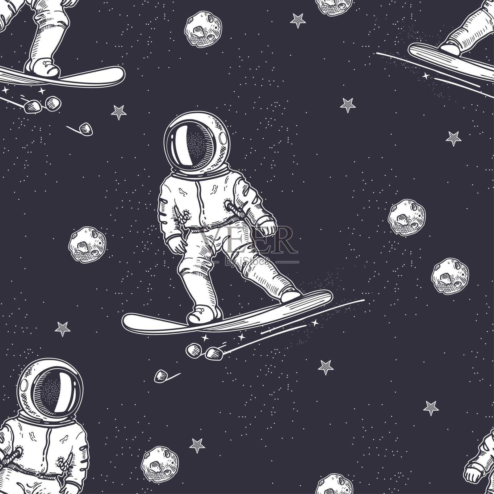 宇航员骑在滑雪板上。手绘图形。无缝模式。插画图片素材