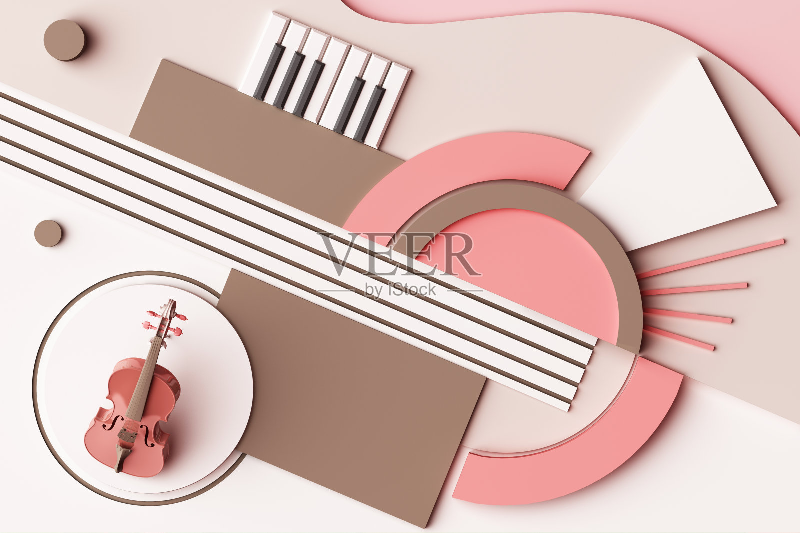 小提琴和乐器的概念，几何形状平台的抽象组成，粉色调。三维渲染照片摄影图片