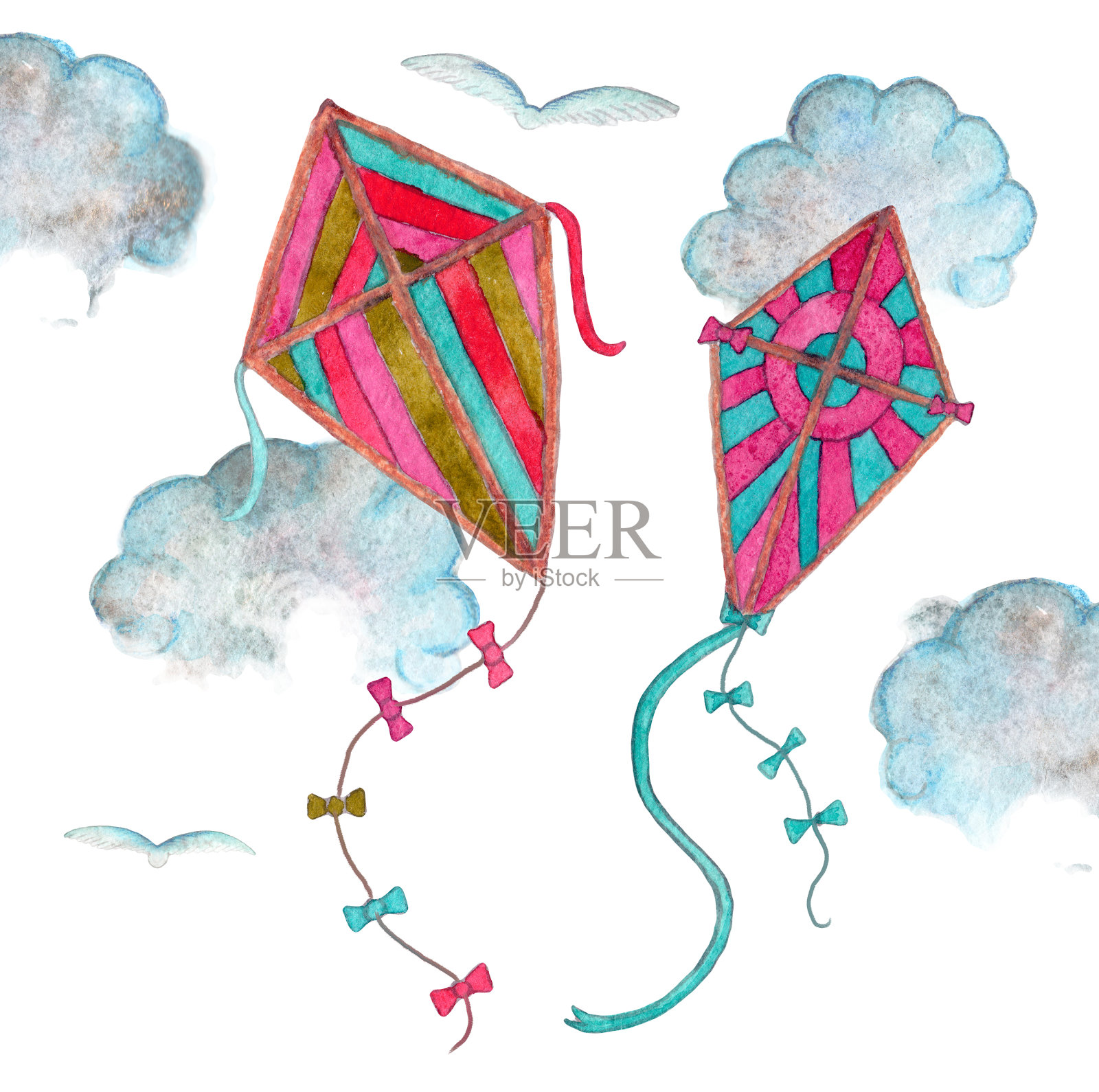 两个水彩卡通五彩风筝在天空中飞翔，在白云和鸟孤立在白色的背景插画图片素材