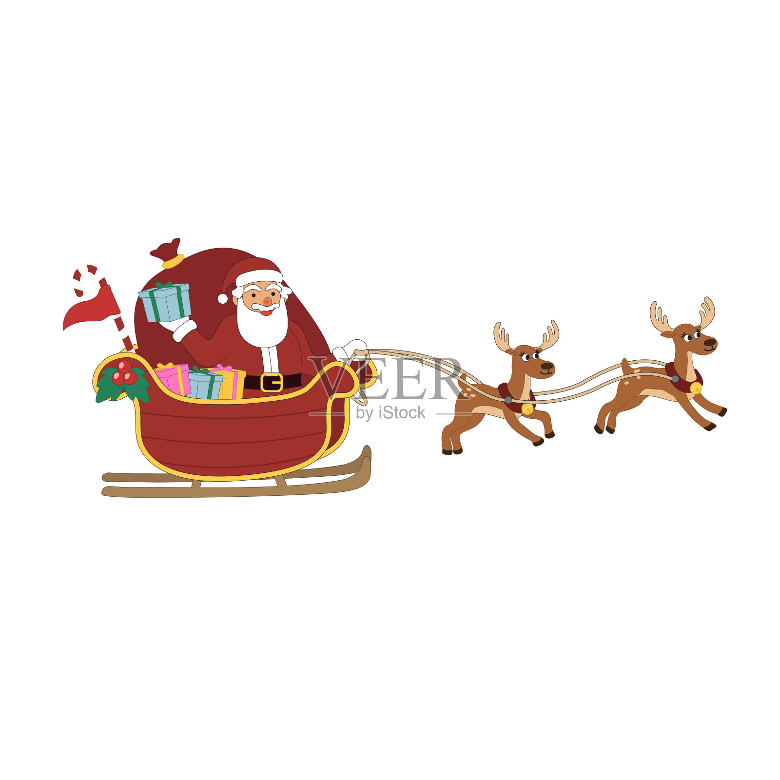 圣诞老人的驯鹿拉着雪橇穿过夜空，帮助圣诞老人在平安夜给孩子们送礼物。矢量孤立在白色背景。设计元素图片