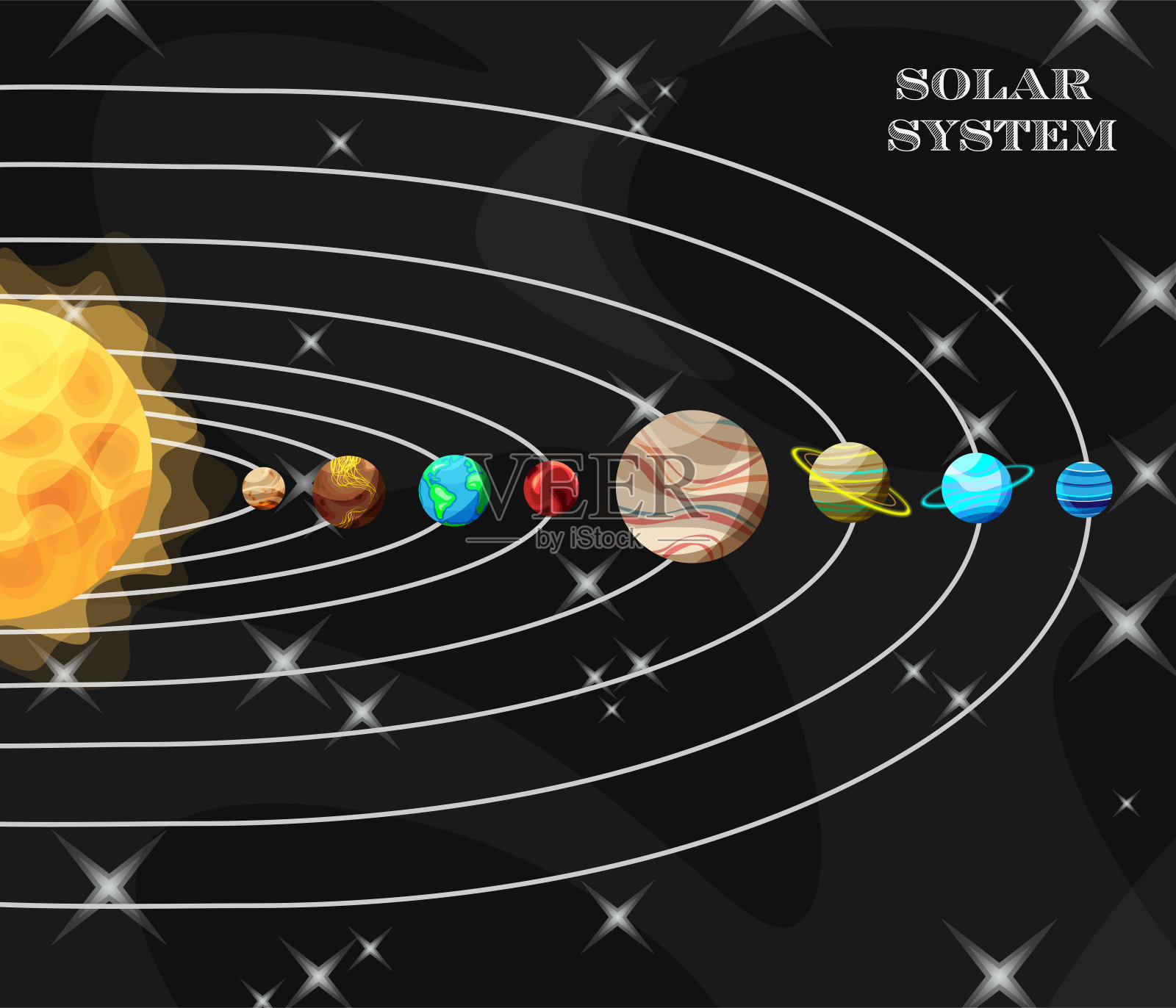 在空间背景上的太阳系中明亮多彩的行星向量组。插画图片素材
