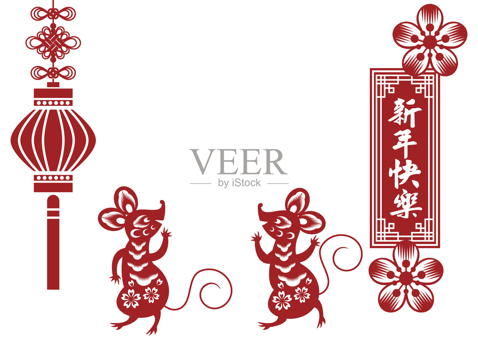 中国新年插图。新年生肖“鼠”和灯笼。吉祥的设计。插画图片素材
