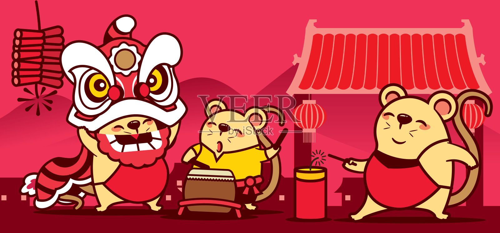 可爱的老鼠跳舞狮，放鞭炮。中国新年。鼠年。——矢量插画图片素材