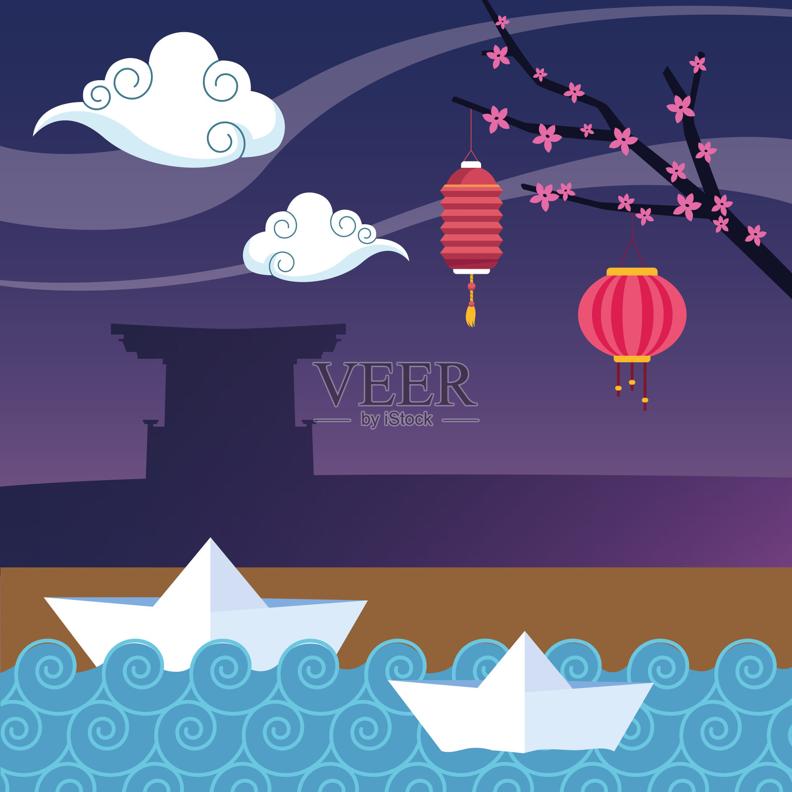 中国灯笼和纸船设计背景图片素材