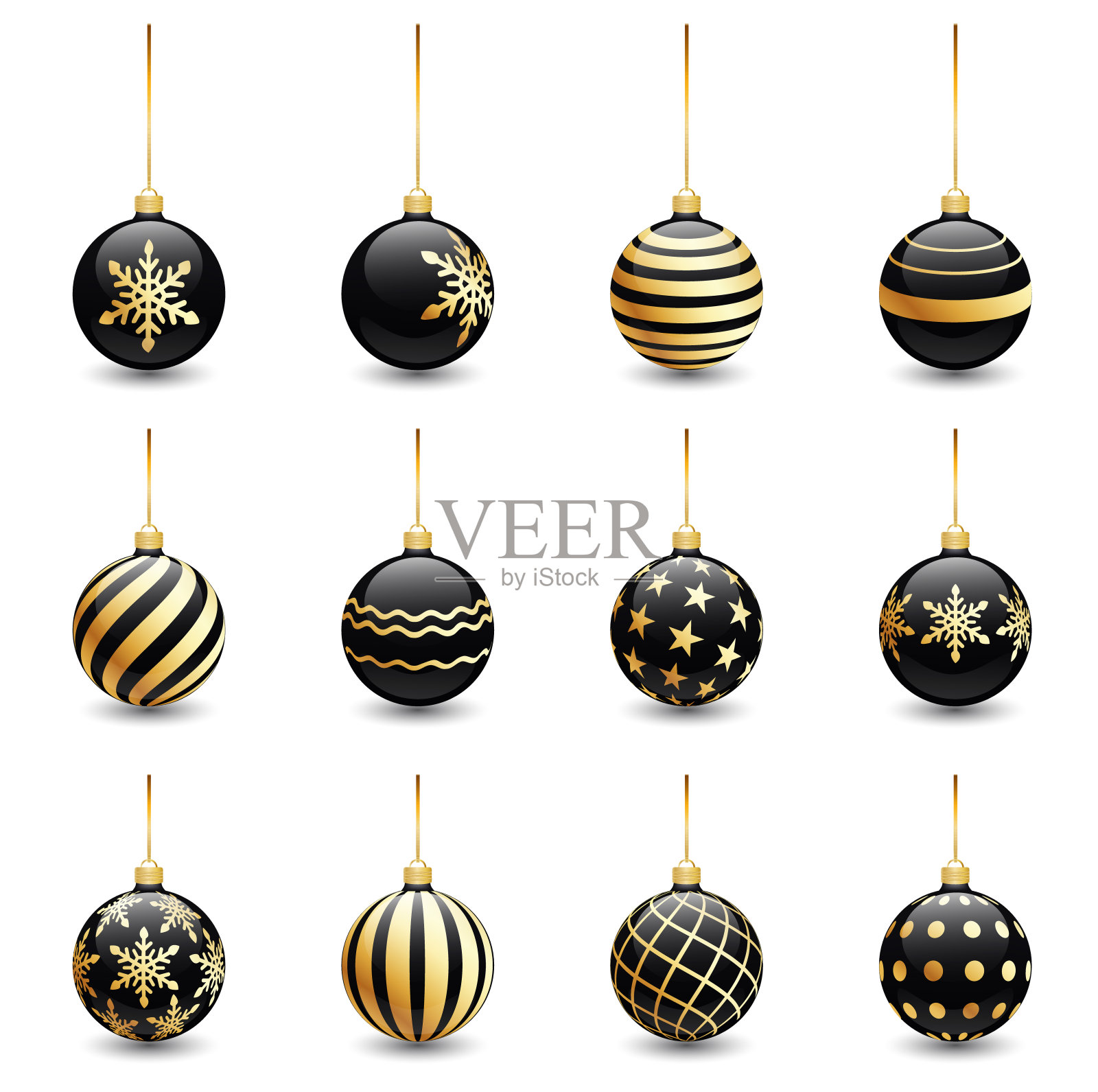 黑色的圣诞球的金色装饰孤立在白色。袜子圣诞装饰品。高档奢华的假日装饰品。矢量对象为圣诞节设计，模型。向量现实的对象。设计元素图片