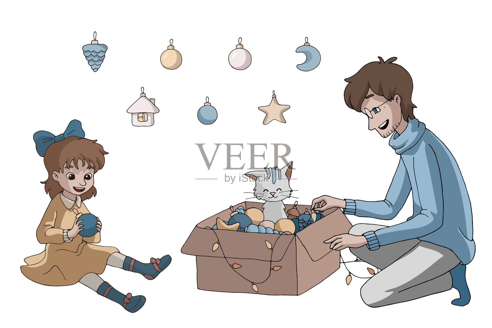 爸爸和女儿打开一个装着圣诞树玩具的盒子。插画图片素材