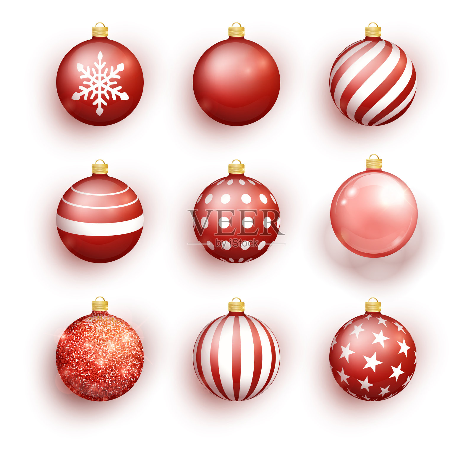 红色圣诞球孤立在白色。圣诞树玩具集孤立。矢量对象为圣诞节设计，模型。袜子圣诞装饰品。设计元素图片
