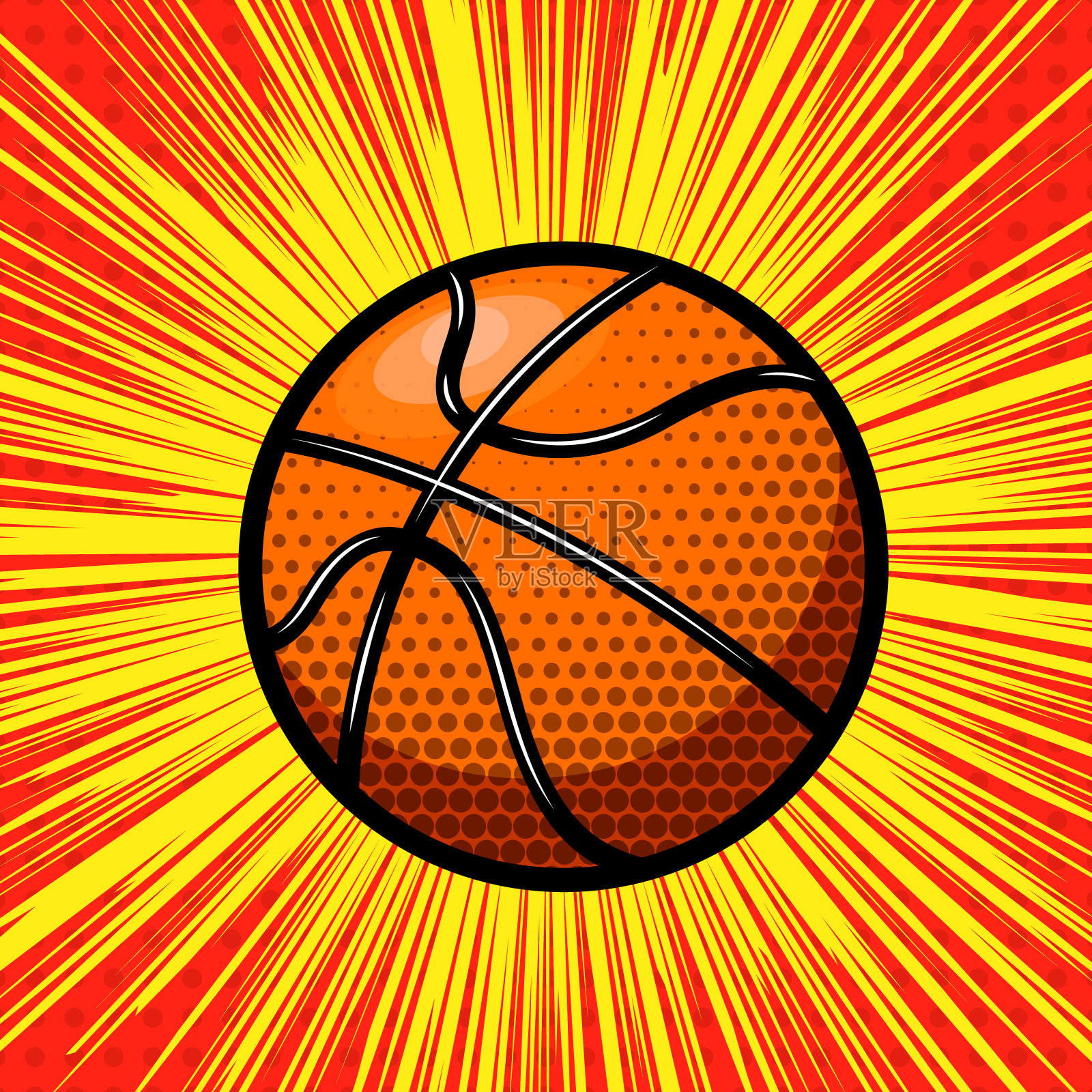篮球在漫画风格的背景。设计元素海报，卡片，横幅。矢量图插画图片素材