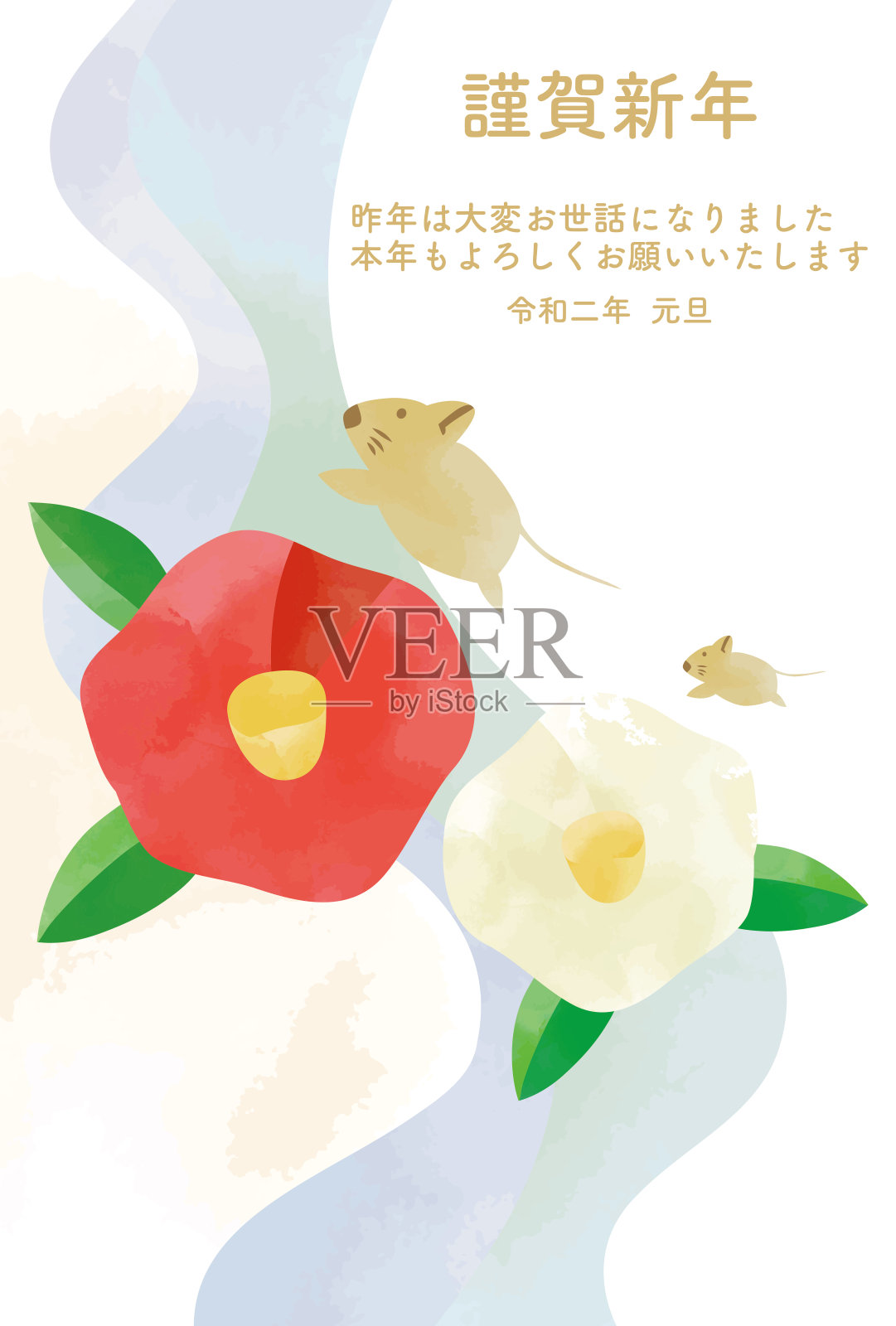 这是一幅画有老鼠和两轮山茶花的水彩画贺年卡。插画图片素材