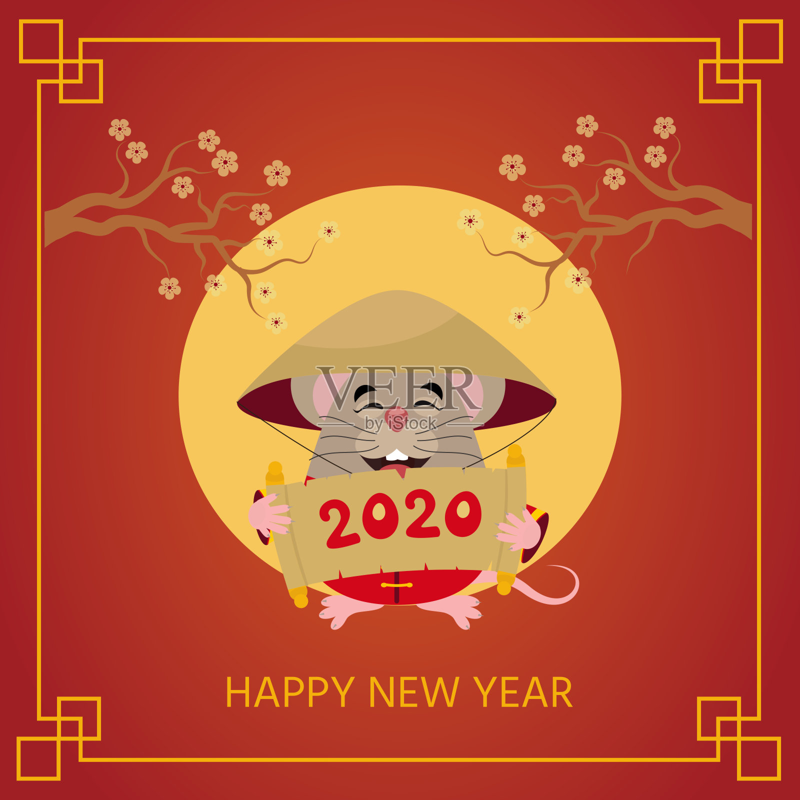 卡通可爱的小老鼠与传统的中国服装。鼠是中国2020年新年的象征。设计模板素材