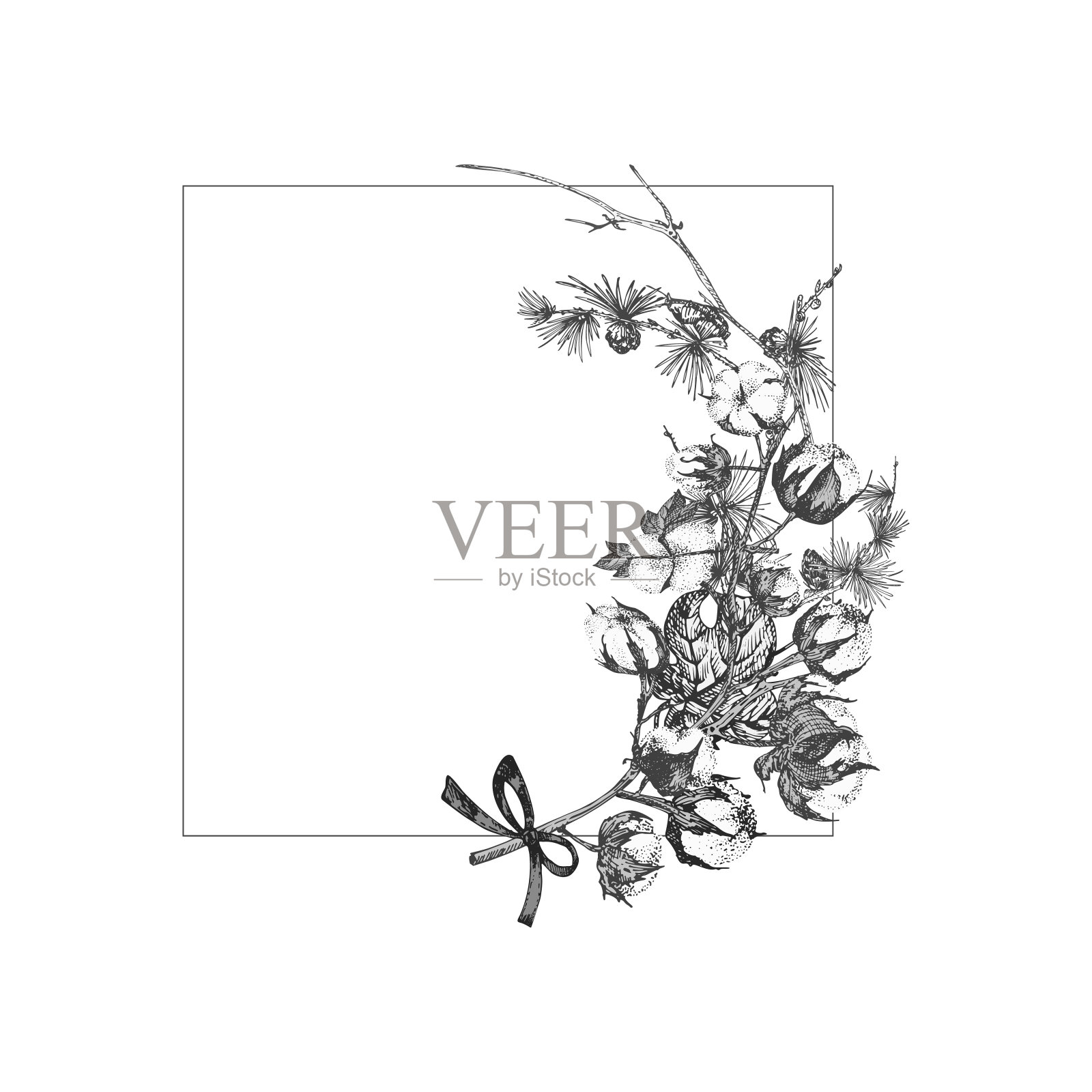 手绘植物素描花环与圣诞植物复古雕刻黑白风格插图传统节日装饰。插画图片素材