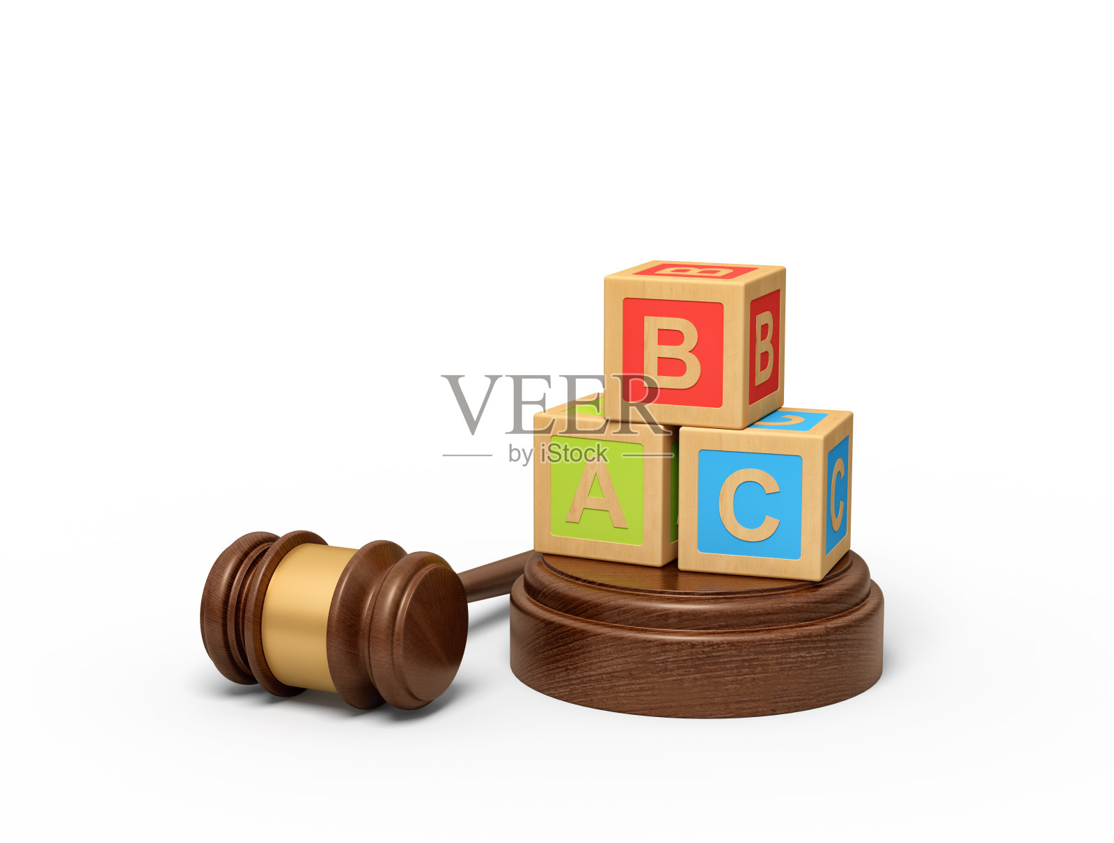 三维渲染的彩色字母玩具积木上的圆形木块和棕色木槌照片摄影图片