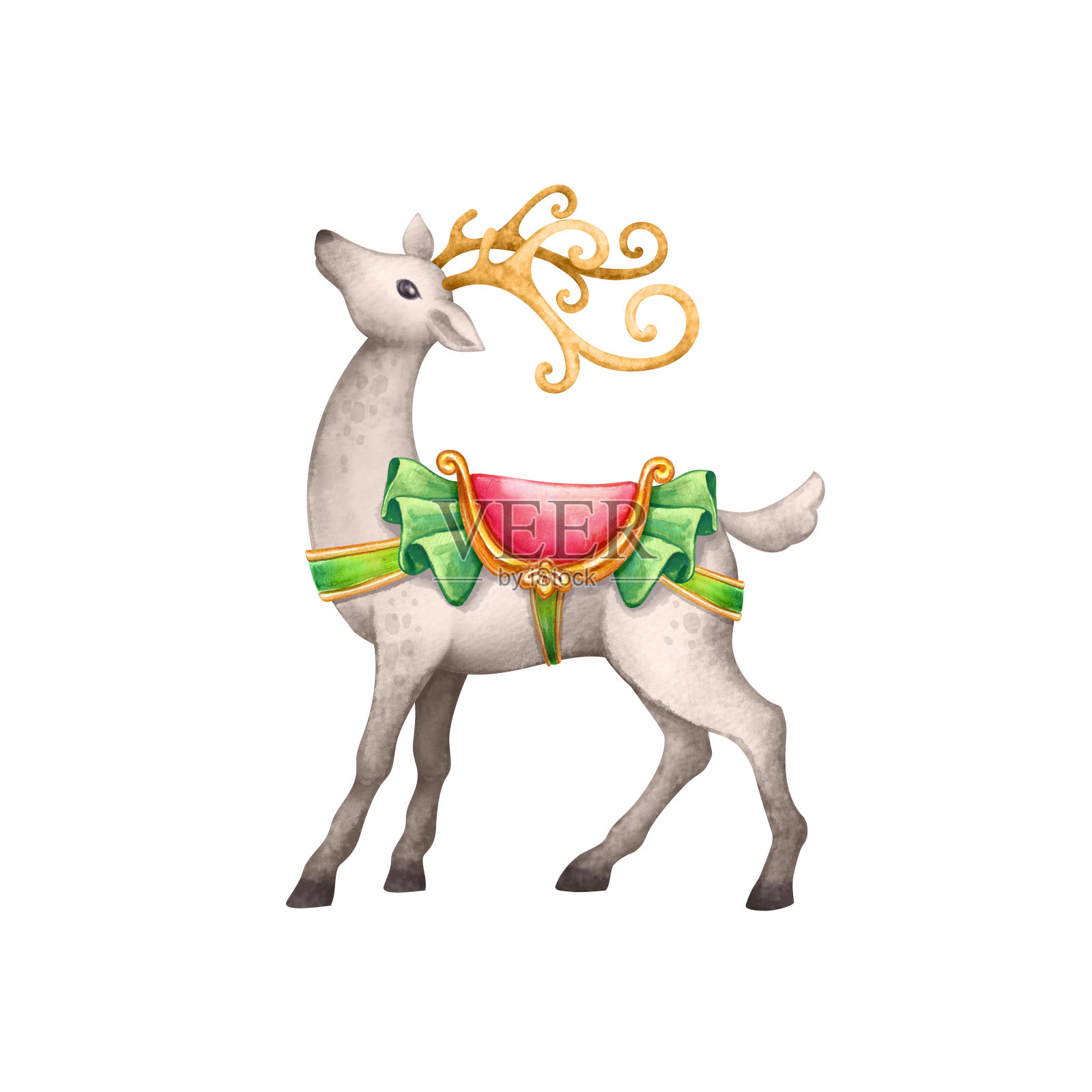 圣诞驯鹿带着红色的马鞍和金色的鹿角，骄傲地站着，抬头望着。水彩插图。北部鹿跳。动物剪辑艺术孤立的白色背景。设计元素图片