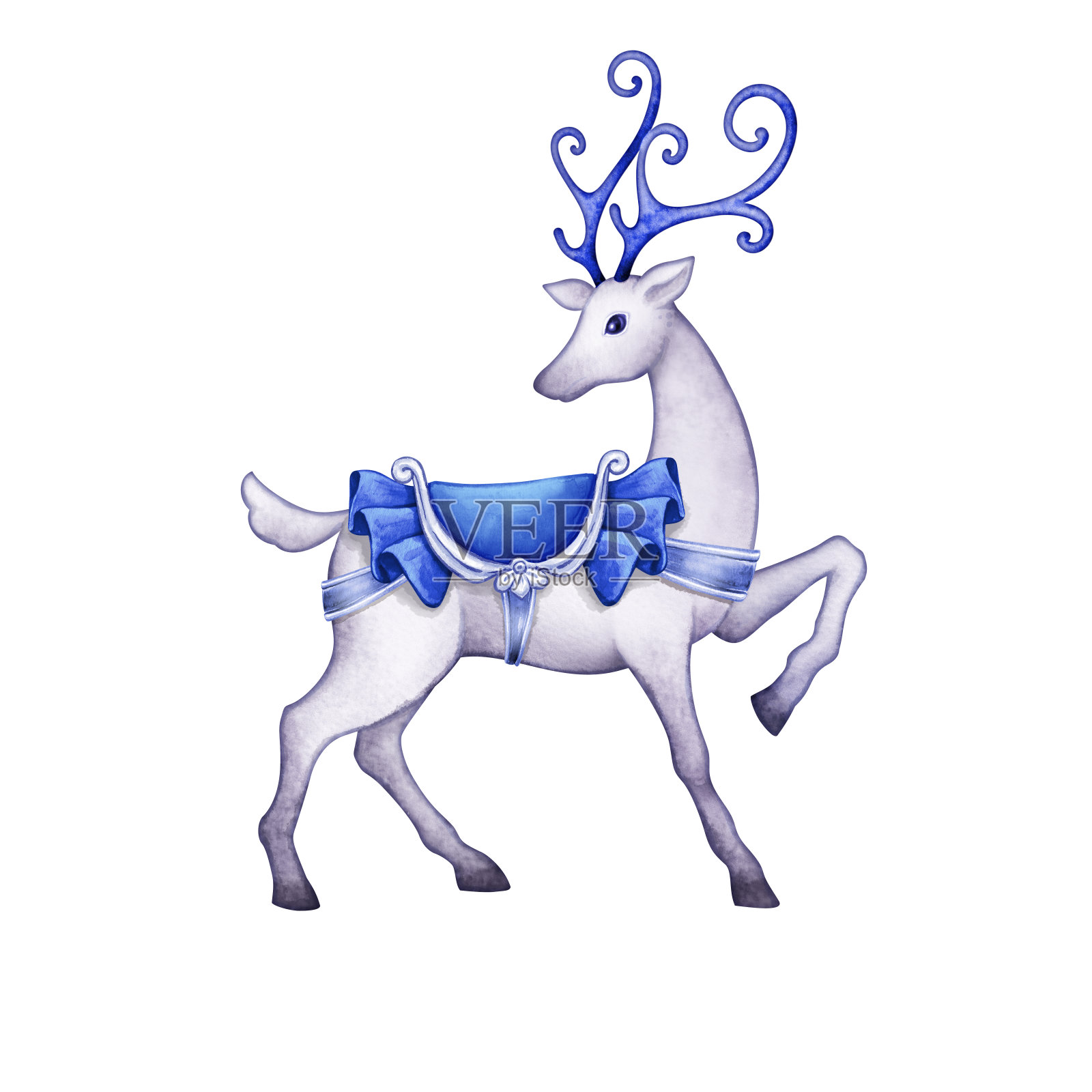 北部鹿站。剪贴艺术孤立的白色背景。有蓝色马鞍和鹿角的动物。圣诞驯鹿水彩画插图。设计元素图片
