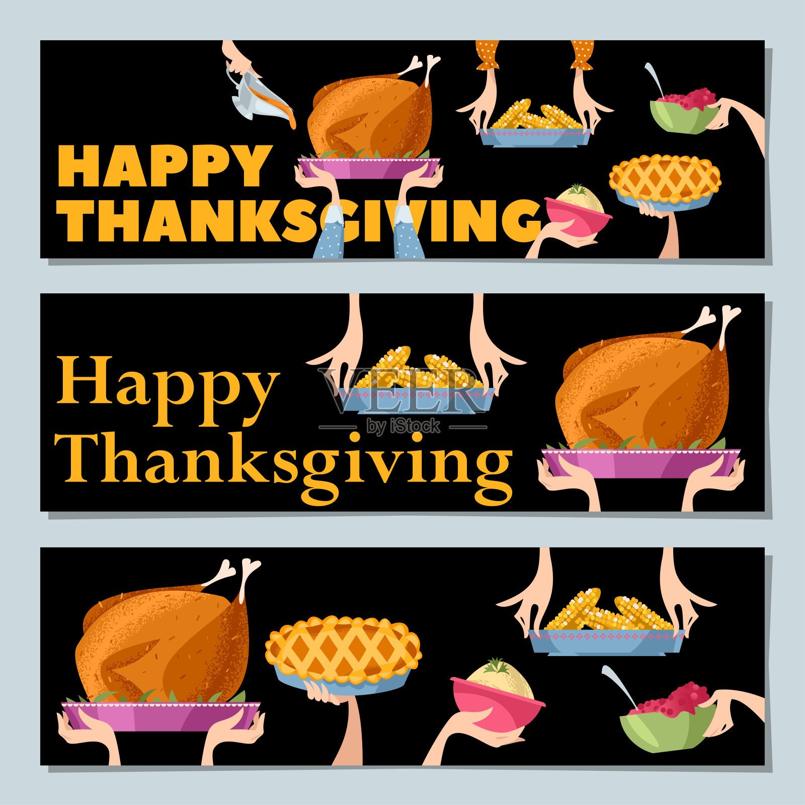 一套三幅通用横幅“感恩节快乐”。传统节日的食物。插画图片素材