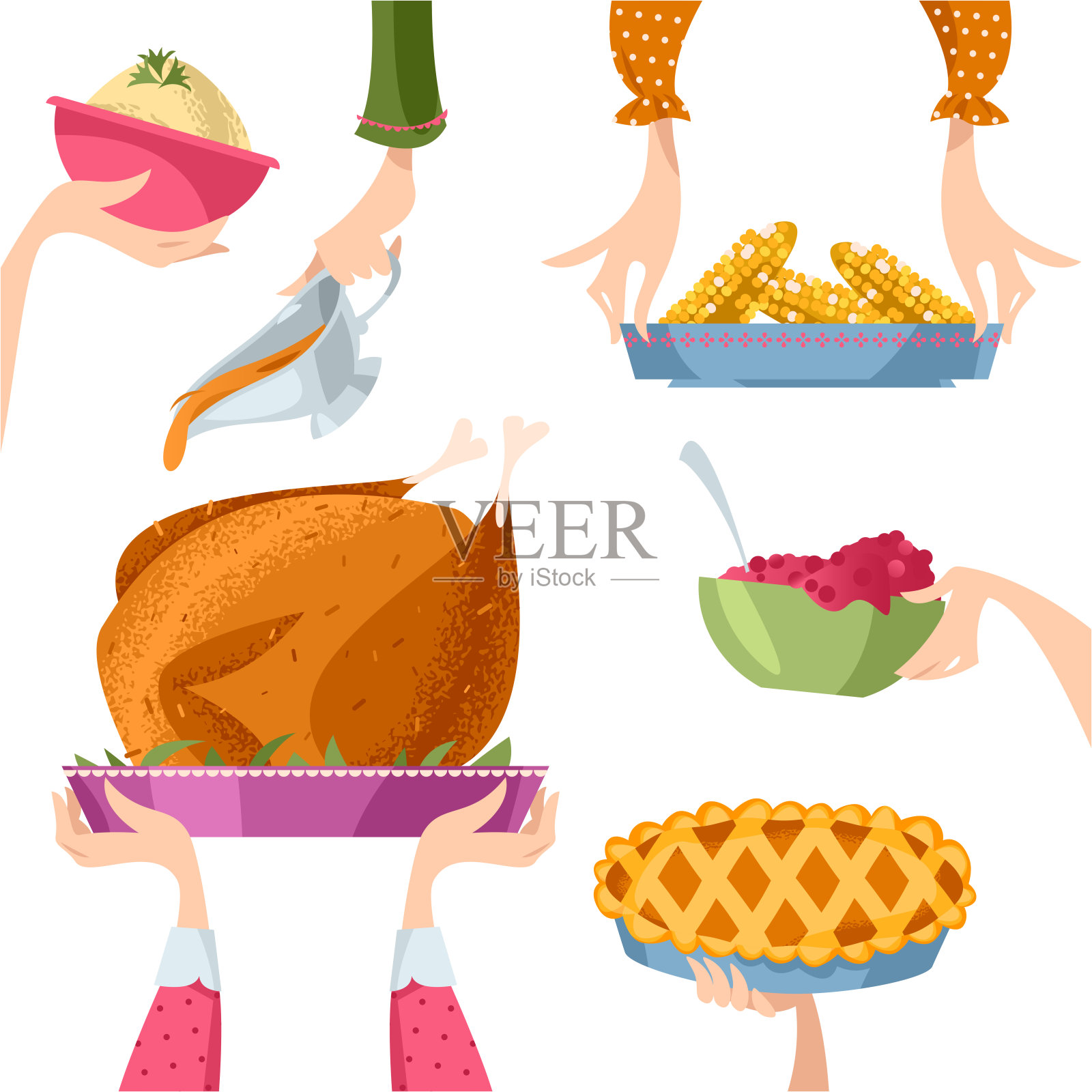 人们为感恩节布置节日餐桌。传统节日的食物。插画图片素材