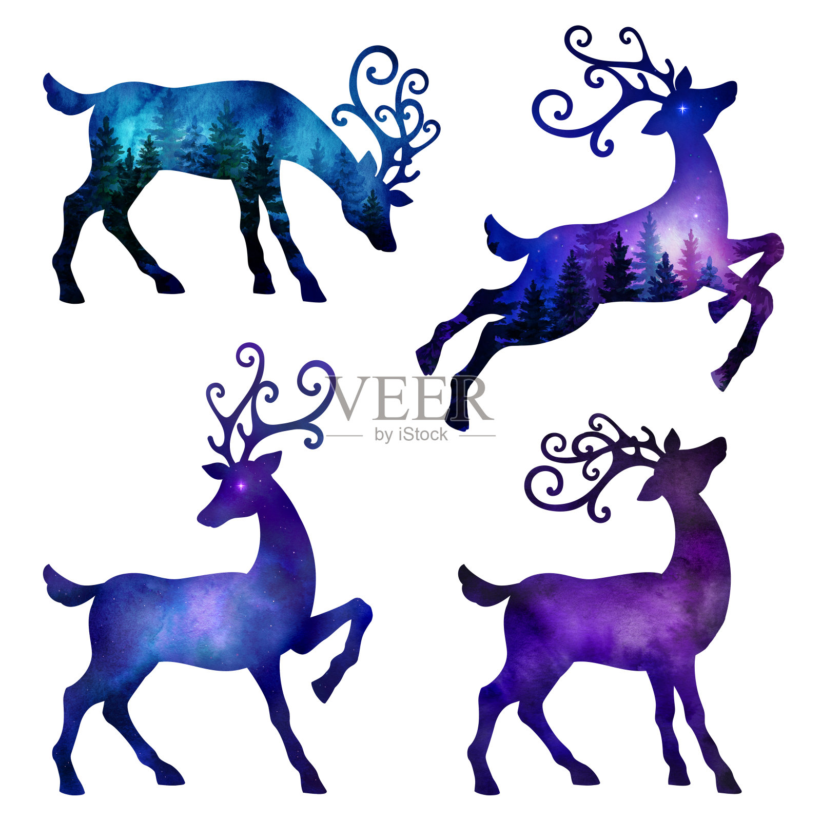 一套紫罗兰蓝色的水彩鹿的轮廓，孤立在白色的背景。圣诞驯鹿装饰与野生森林和夜空的设计内。插画图片素材